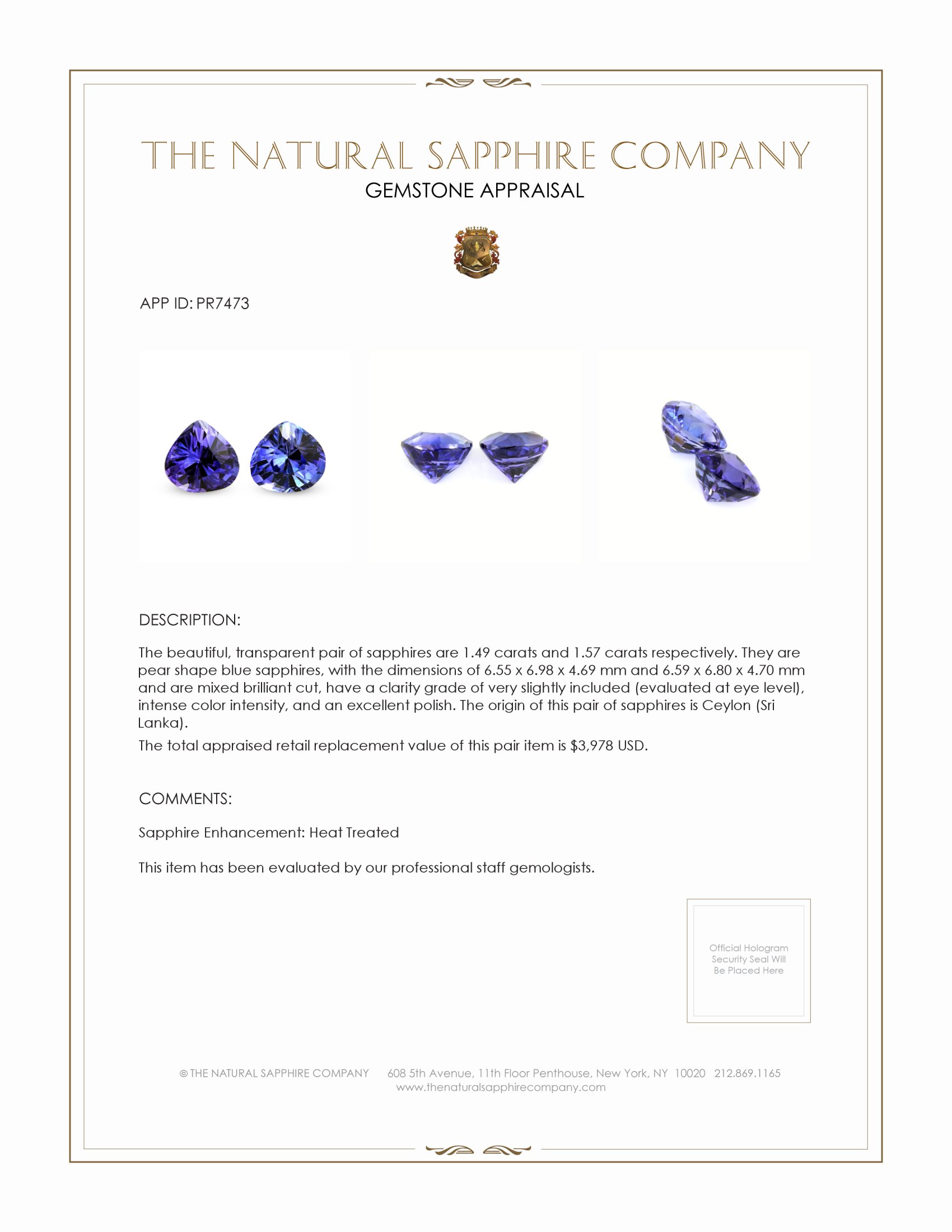 3.06 Ct.Tw. Blue Sapphire Pair from Ceylon (Sri Lanka)