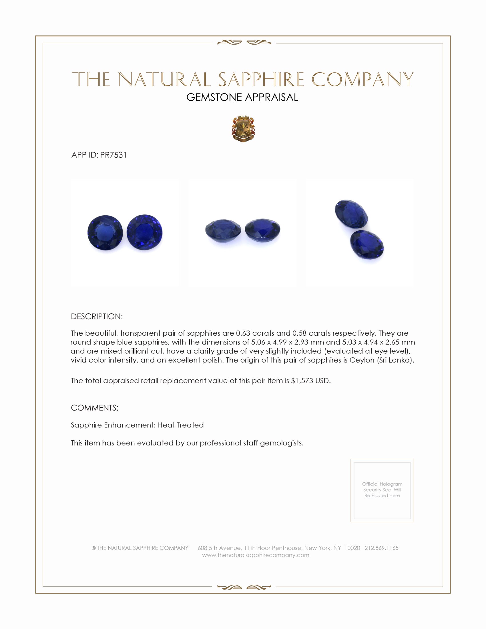 1.21 Ct.Tw. Blue Sapphire Pair from Ceylon (Sri Lanka)