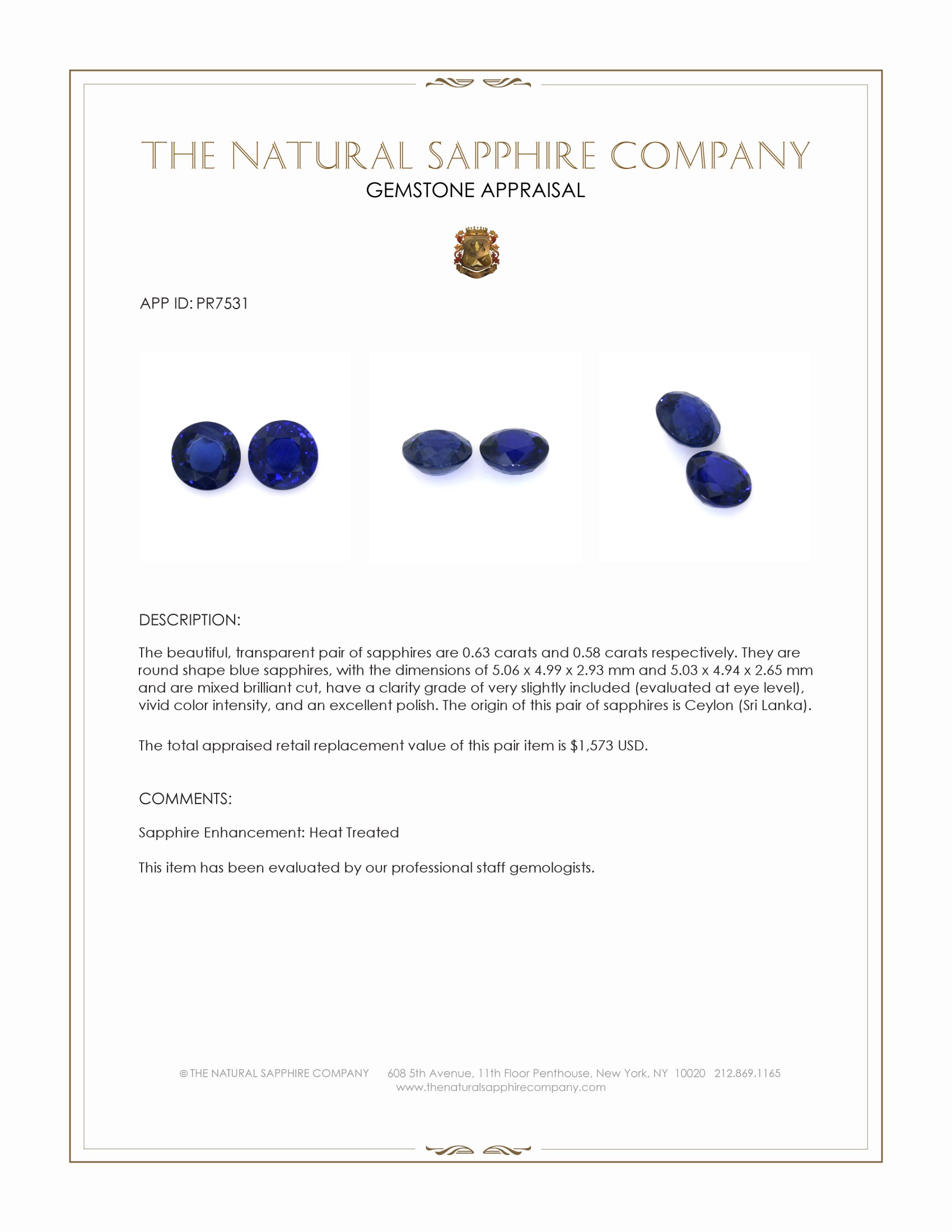 1.21 Ct.Tw. Blue Sapphire Pair from Ceylon (Sri Lanka)