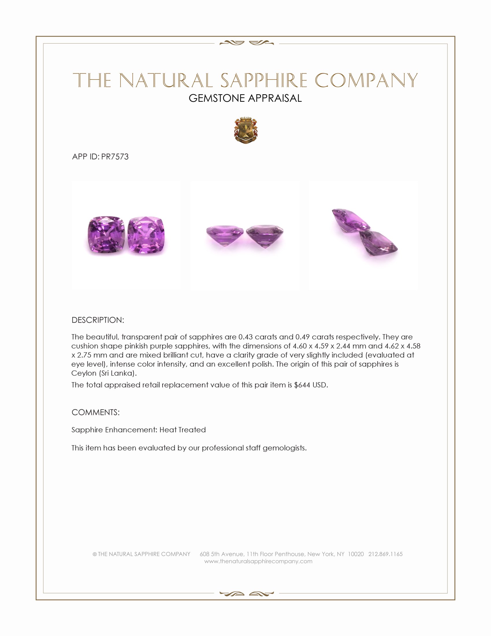 0.92 Ct.Tw. Pinkish Purple Sapphire Pair from Ceylon (Sri Lanka)