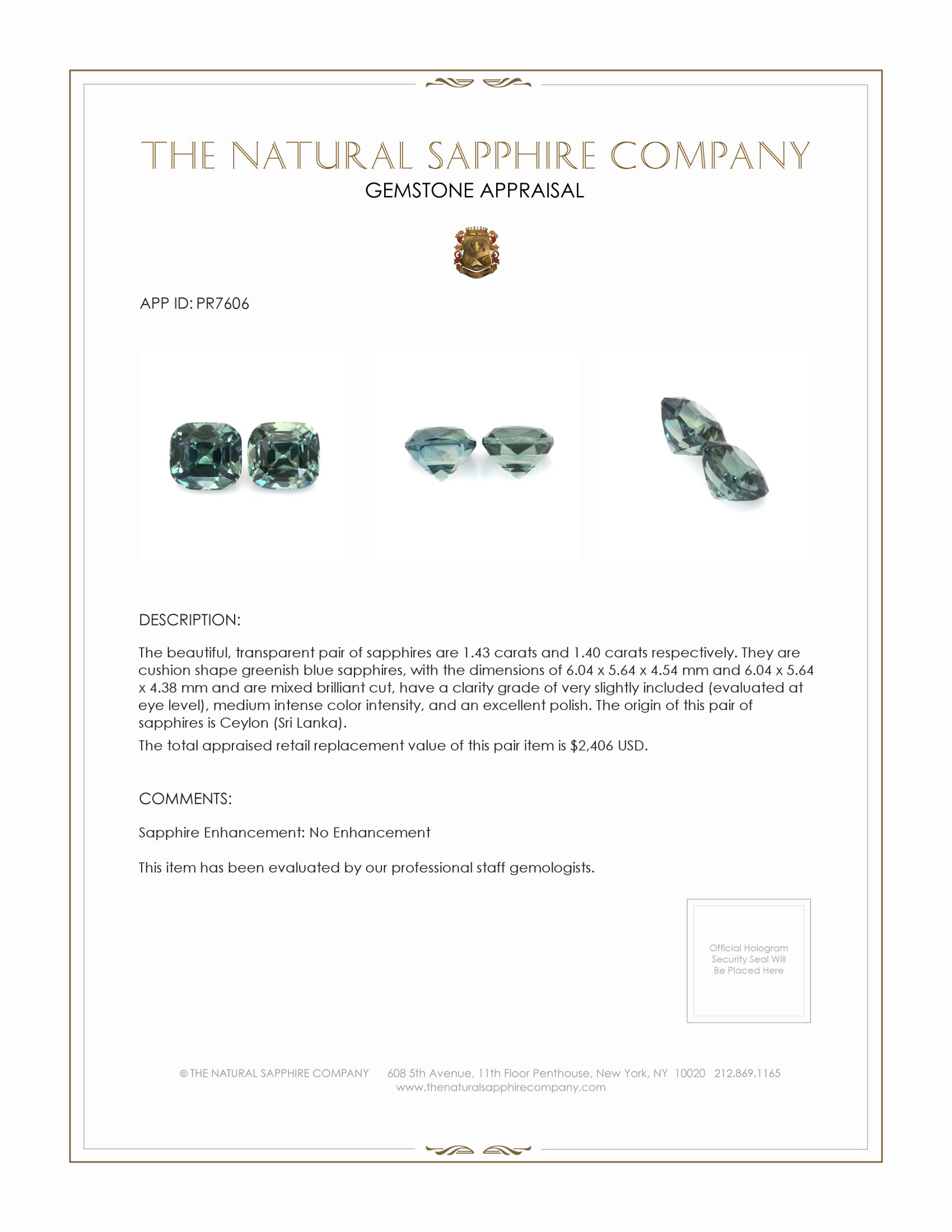 2.83 Ct.Tw. Greenish Blue Sapphire Pair from Ceylon (Sri Lanka)