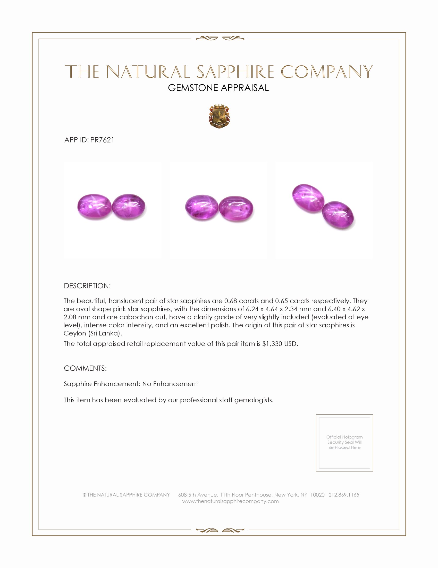 1.33 Ct.Tw. Pink Star Sapphire Pair from Ceylon (Sri Lanka)