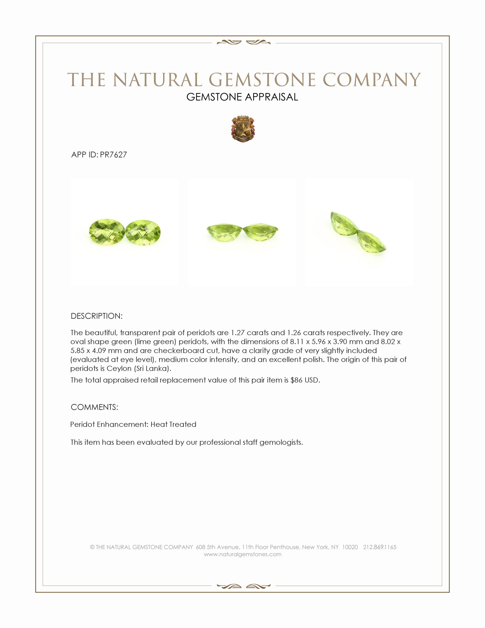 2.53 Ct.Tw. Green (Lime Green) Peridot Pair from Ceylon (Sri Lanka)