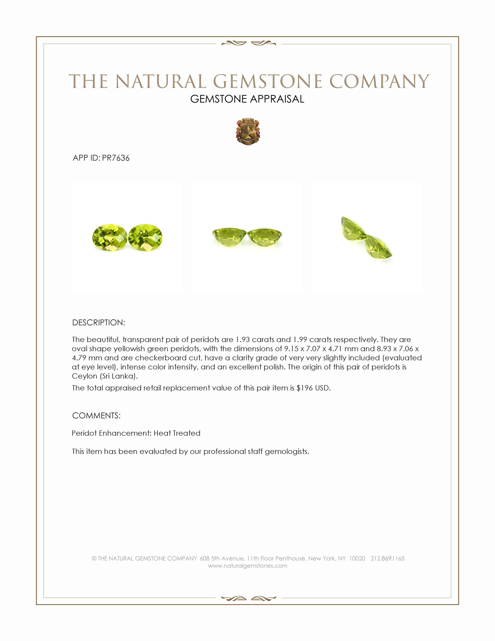 3.92 Ct.Tw. Yellowish Green Peridot Pair from Ceylon (Sri Lanka)