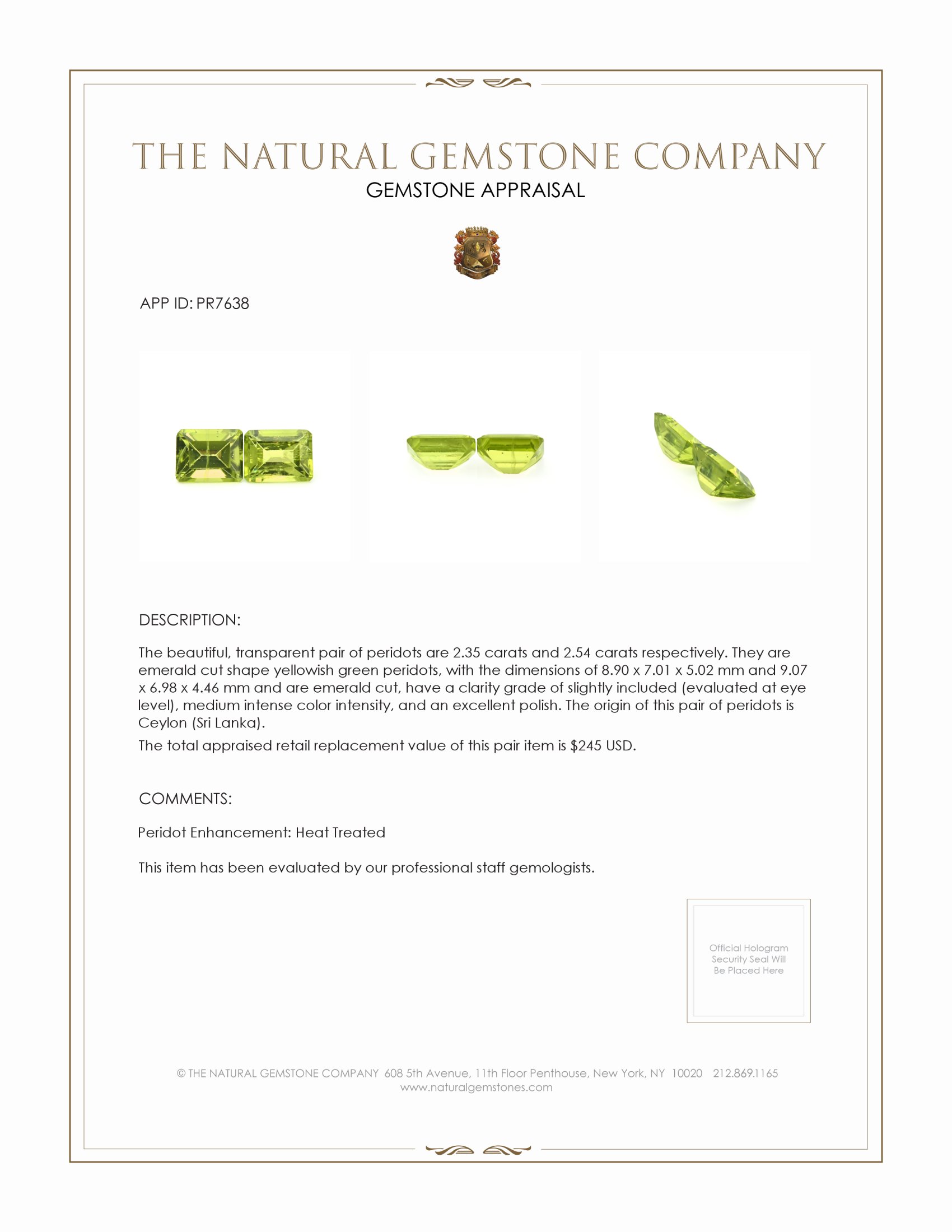 4.89 Ct.Tw. Yellowish Green Peridot Pair from Ceylon (Sri Lanka)