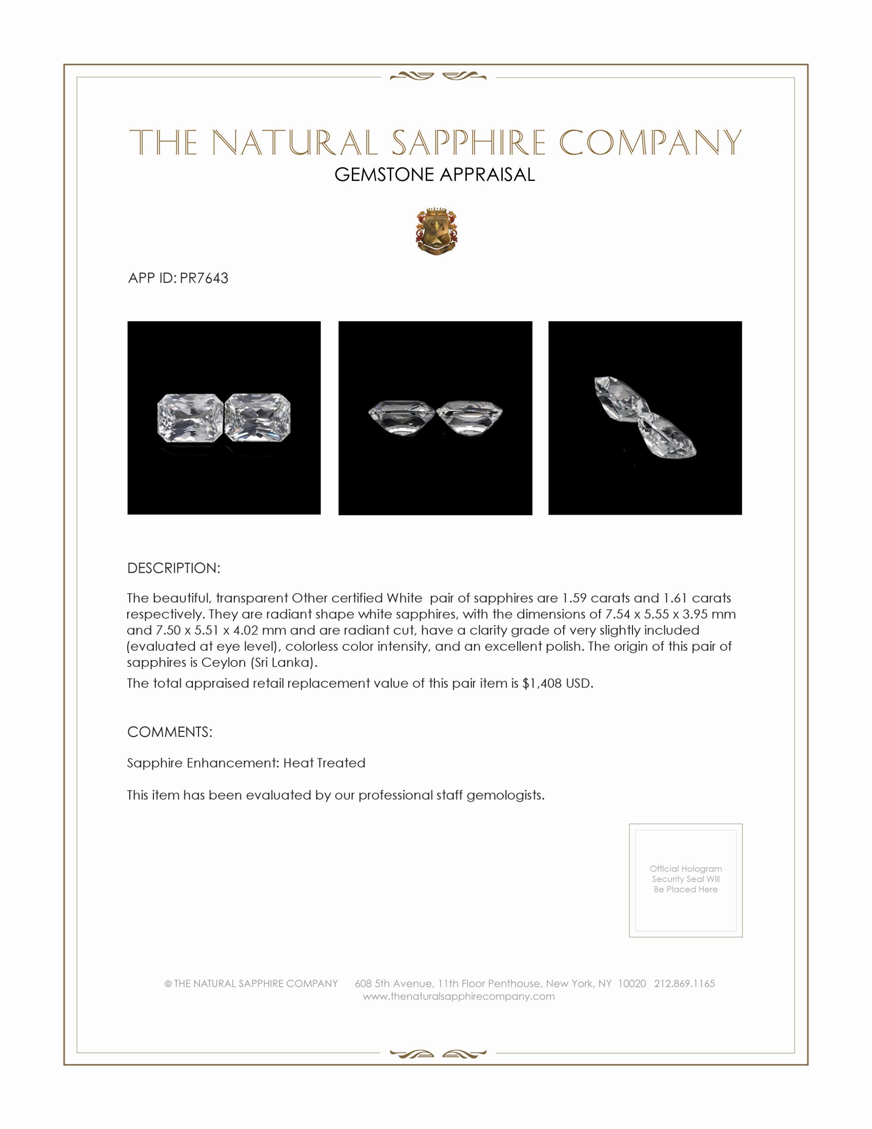 3.20 Ct.Tw. White Sapphire Pair from Ceylon (Sri Lanka)