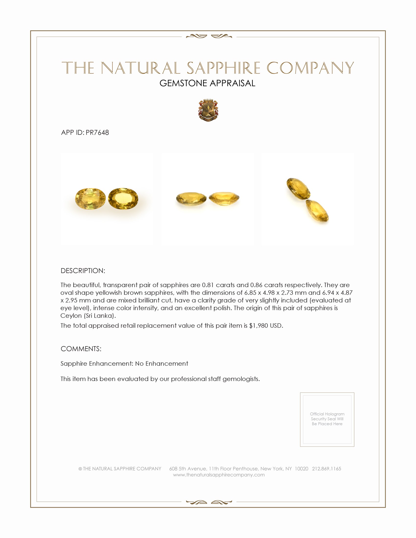 1.67 Ct.Tw. Yellowish Brown Sapphire Pair from Ceylon (Sri Lanka)