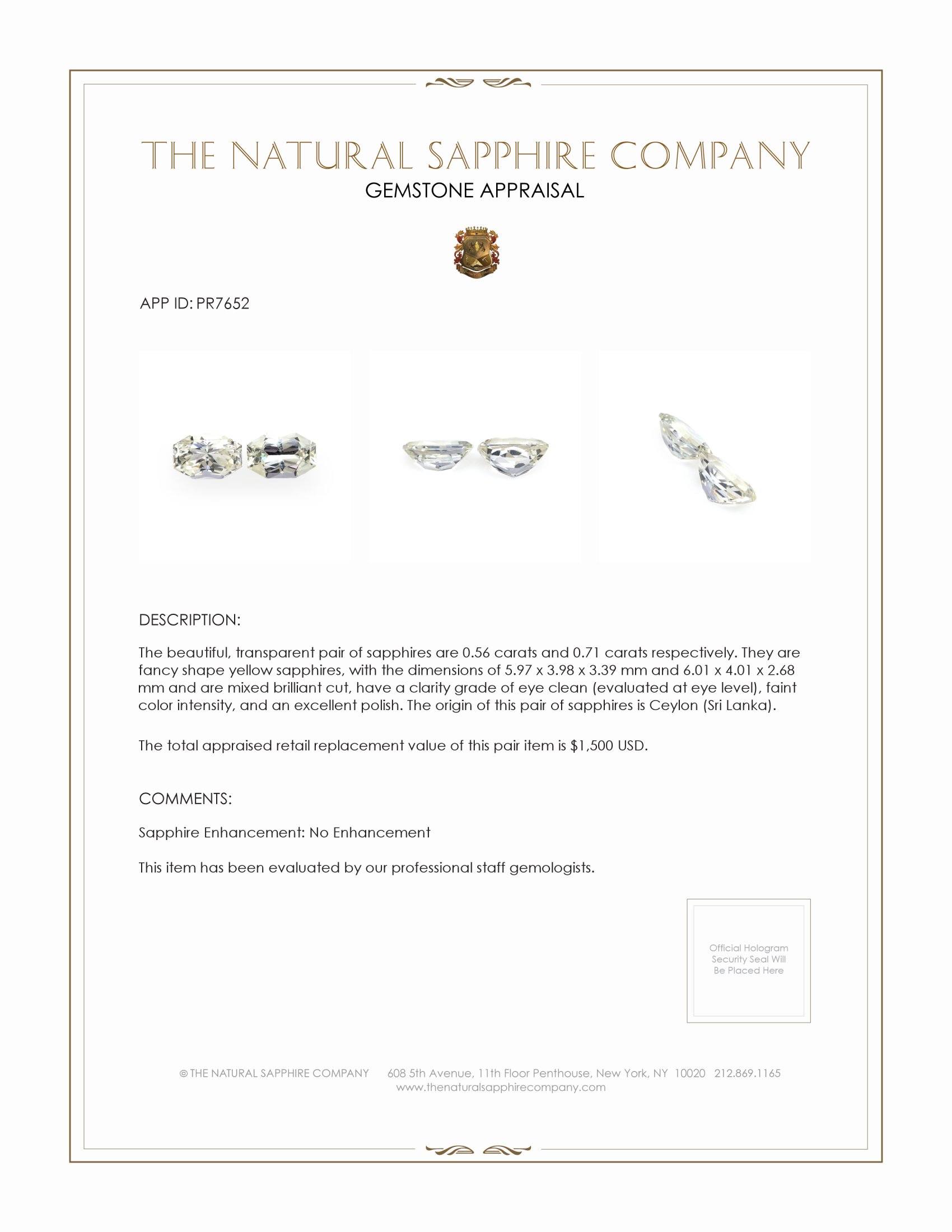 1.27 Ct.Tw. Yellow Sapphire Pair from Ceylon (Sri Lanka)