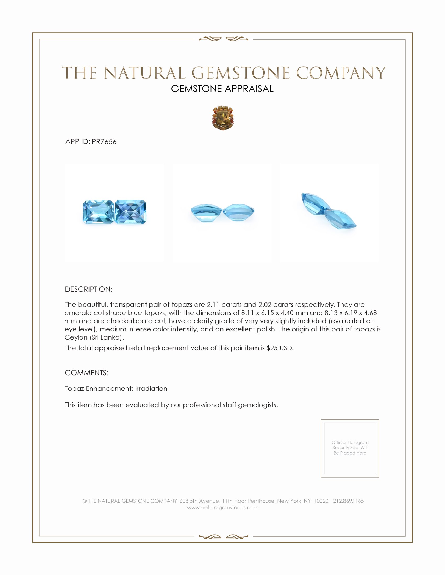 4.13 Ct.Tw. Blue Topaz Pair from Ceylon (Sri Lanka)
