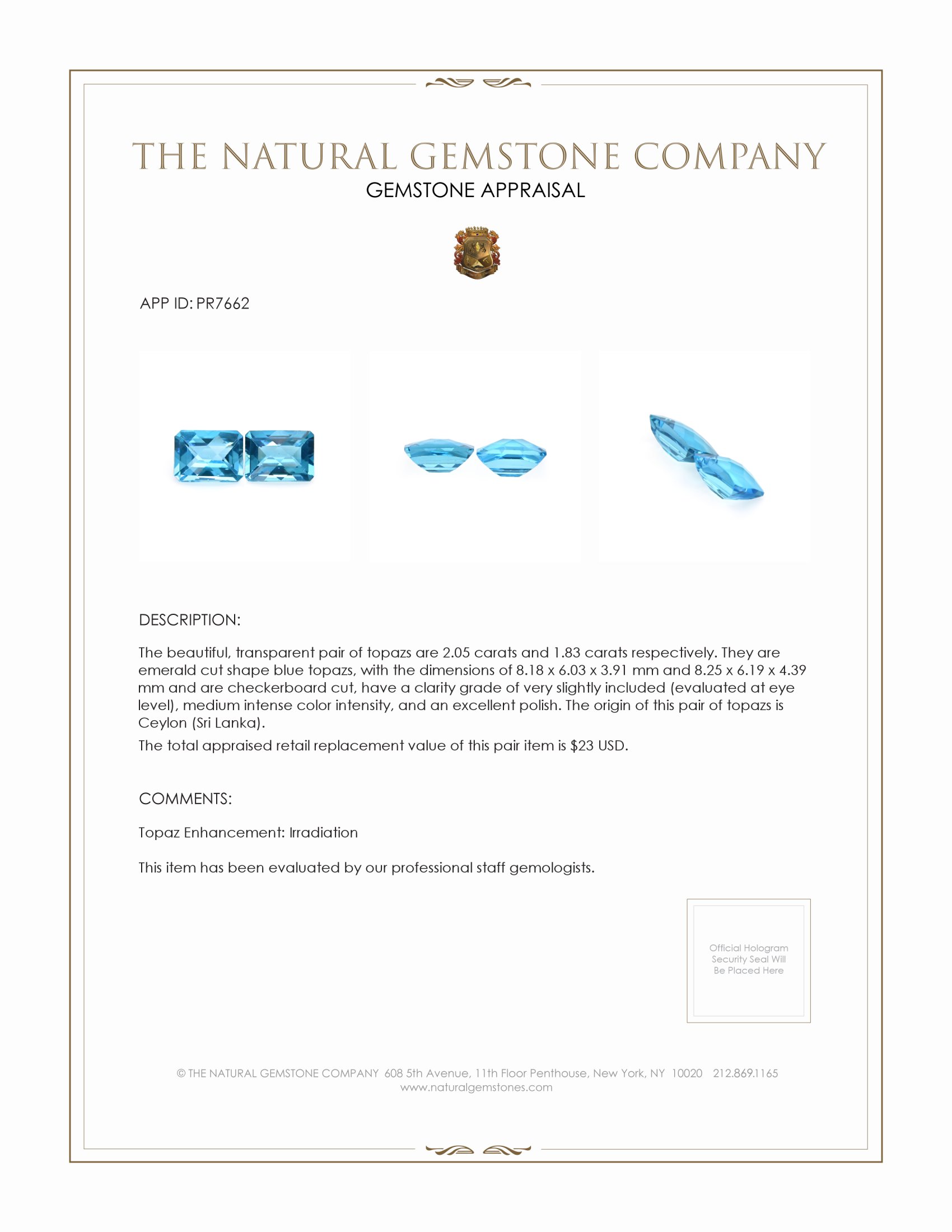 3.88 Ct.Tw. Blue Topaz Pair from Ceylon (Sri Lanka)
