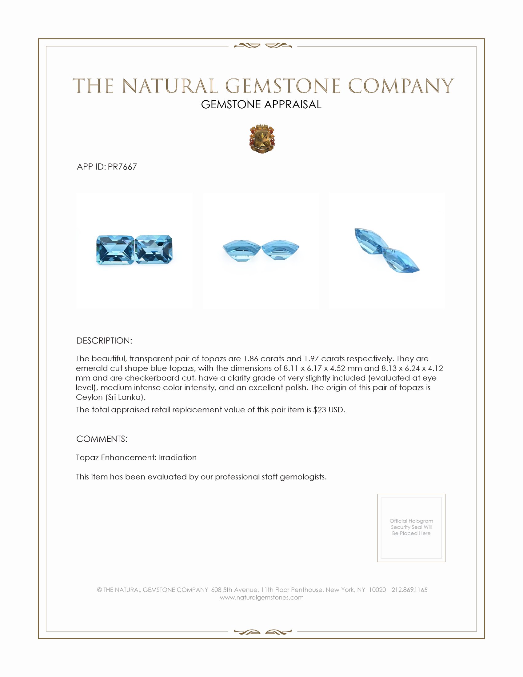 3.83 Ct.Tw. Blue Topaz Pair from Ceylon (Sri Lanka)