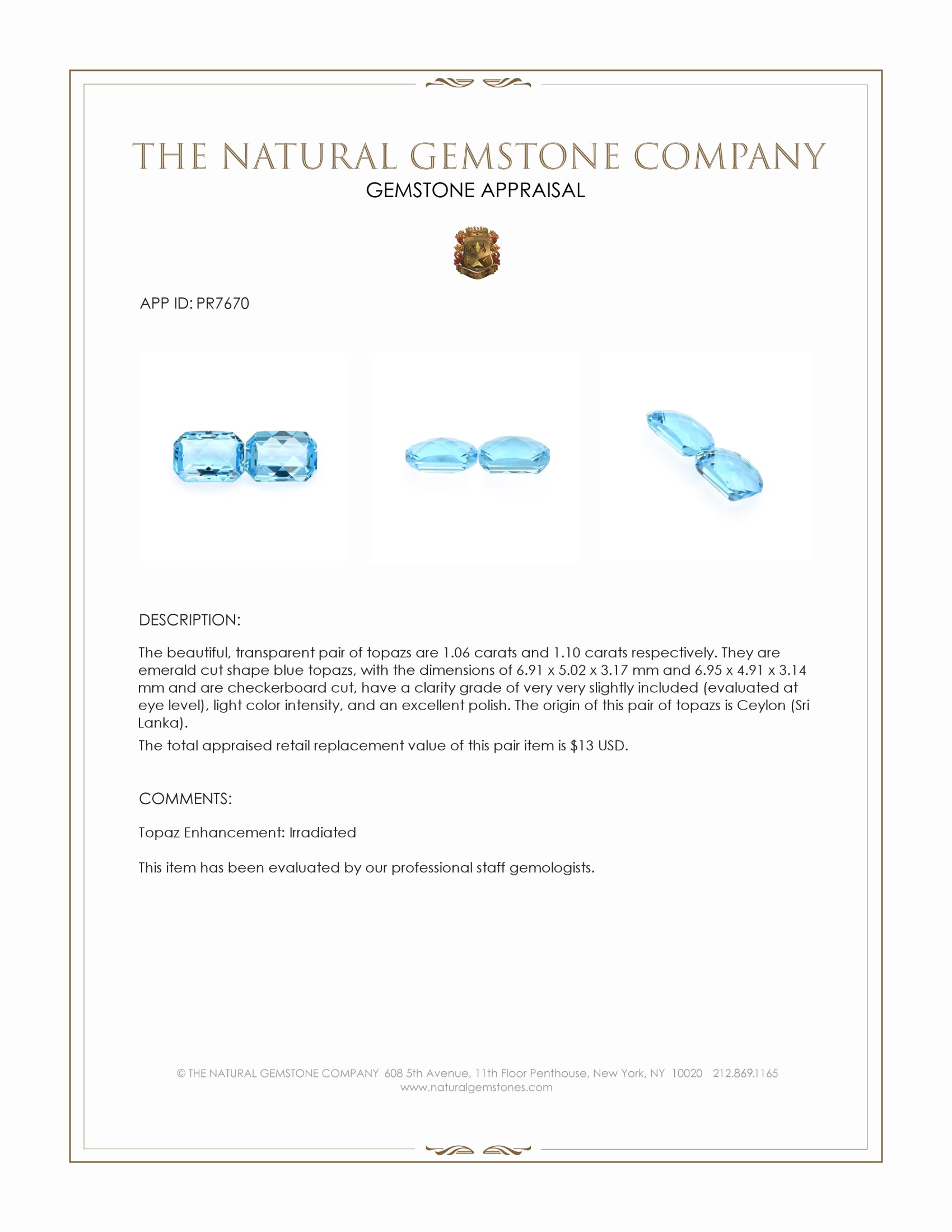 2.16 Ct.Tw. Blue Topaz Pair from Ceylon (Sri Lanka)