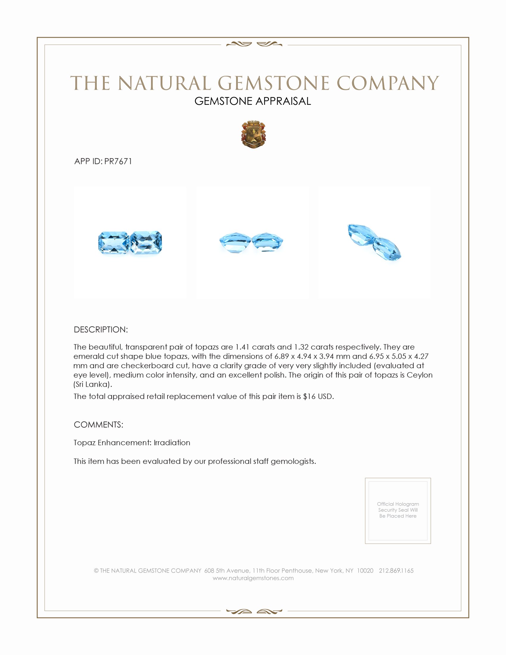 2.73 Ct.Tw. Blue Topaz Pair from Ceylon (Sri Lanka)