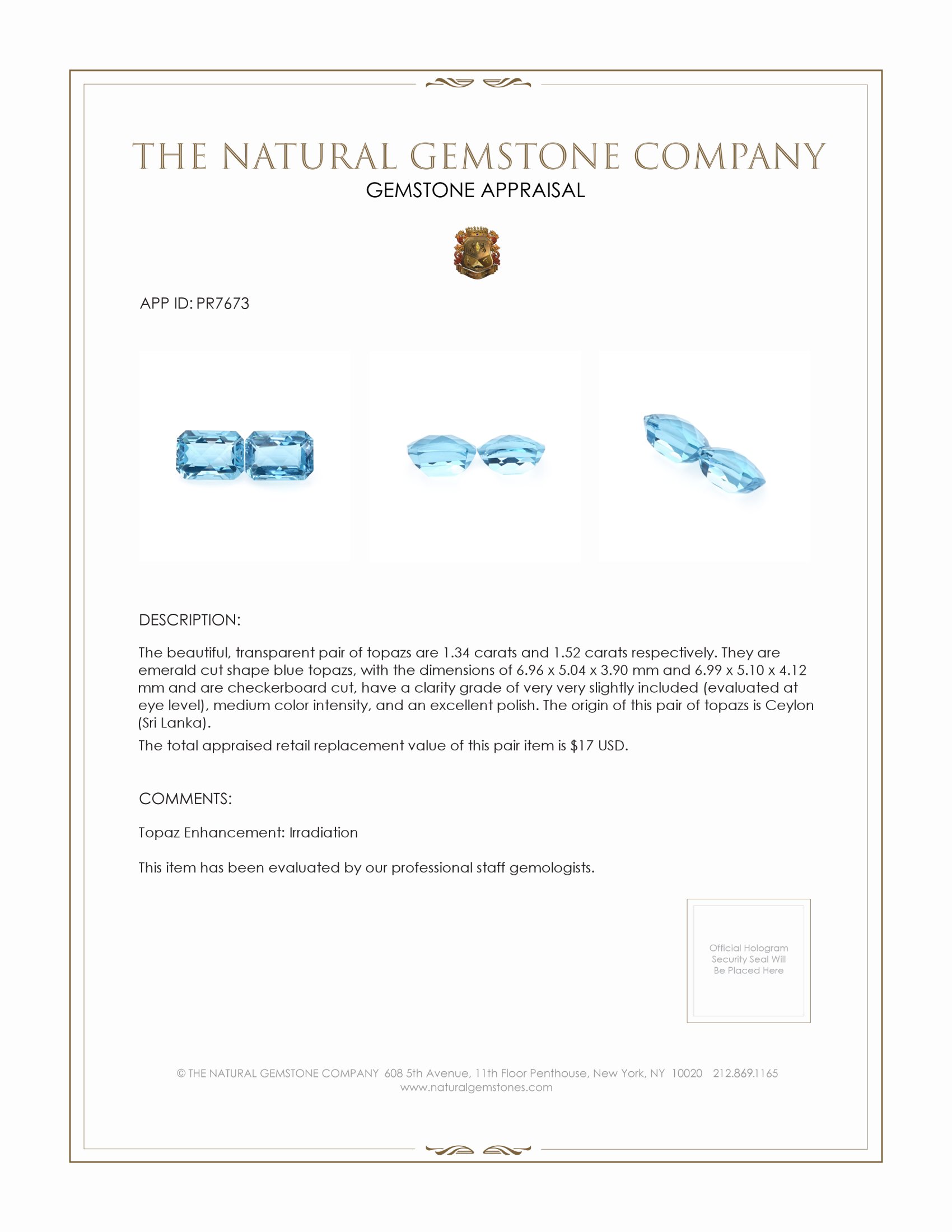 2.86 Ct.Tw. Blue Topaz Pair from Ceylon (Sri Lanka)