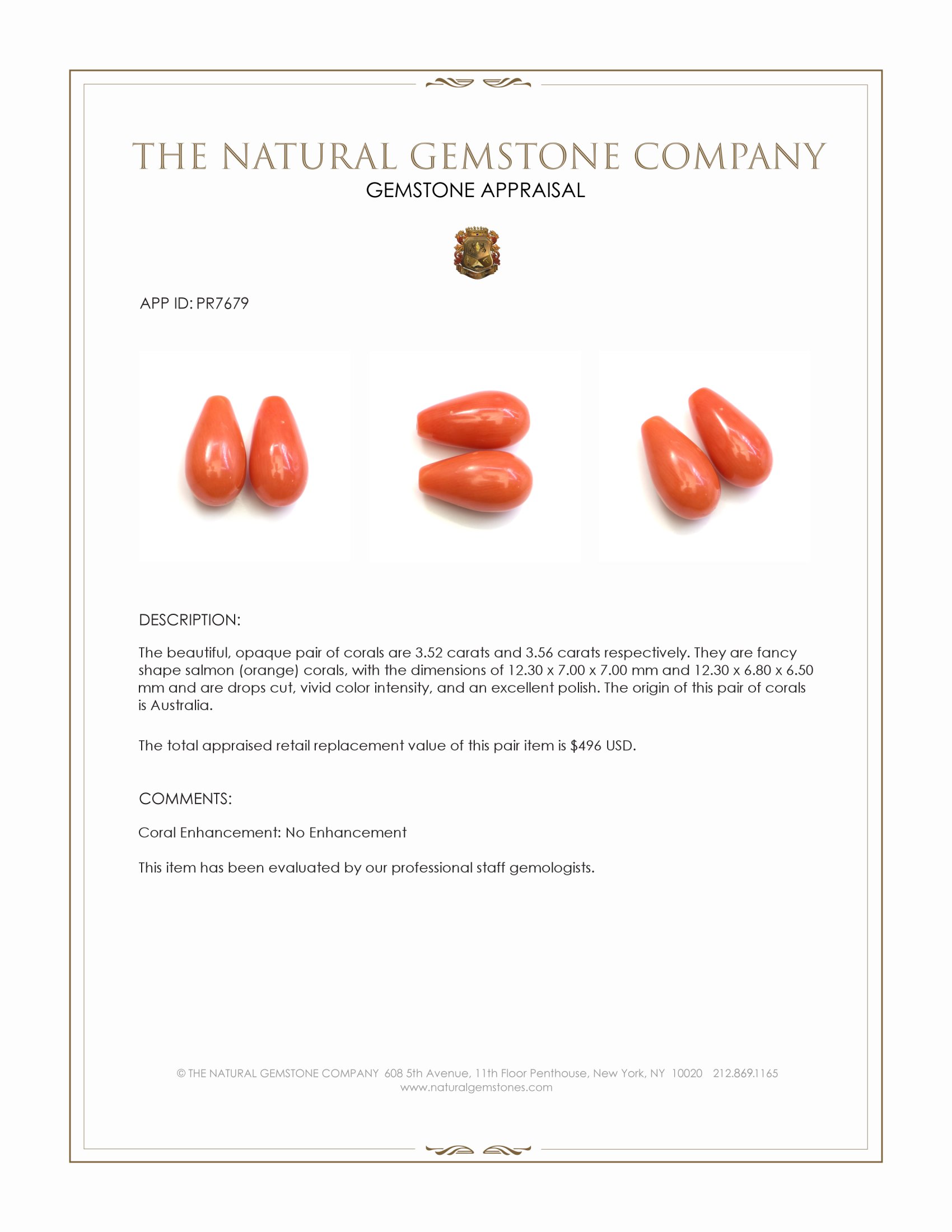 7.08 Ct.Tw. Salmon (Orange) Coral Pair from Australia