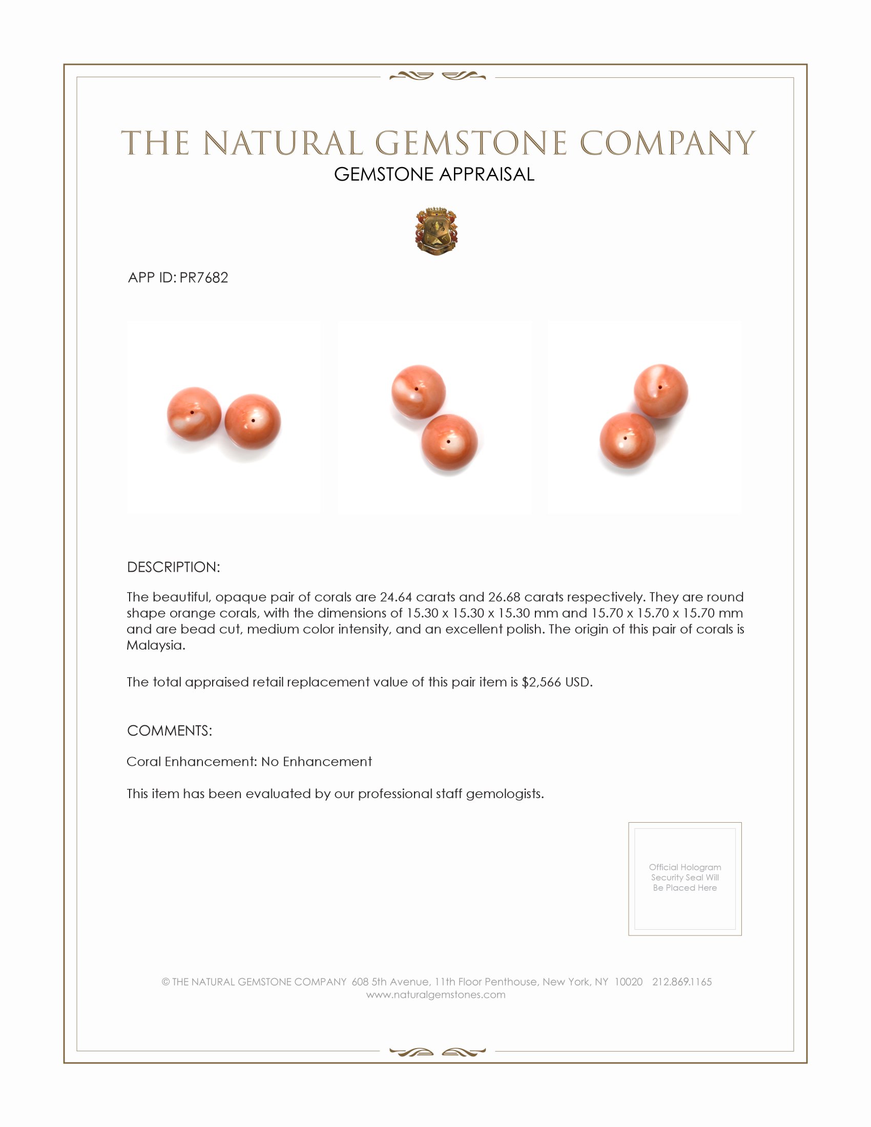 51.32 Ct.Tw. Orange Coral Pair from Malaysia