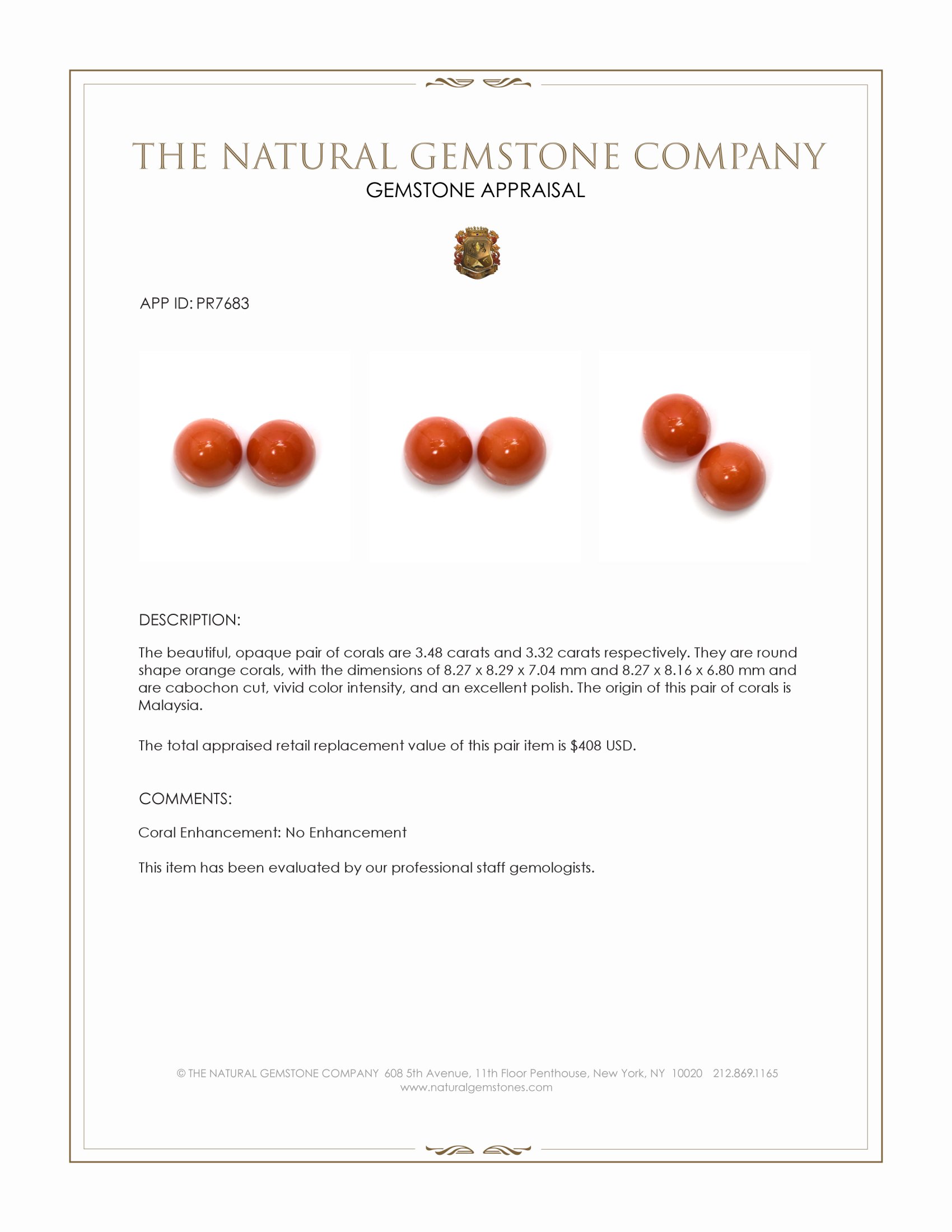 6.80 Ct.Tw. Orange Cabochon Coral Pair from Malaysia
