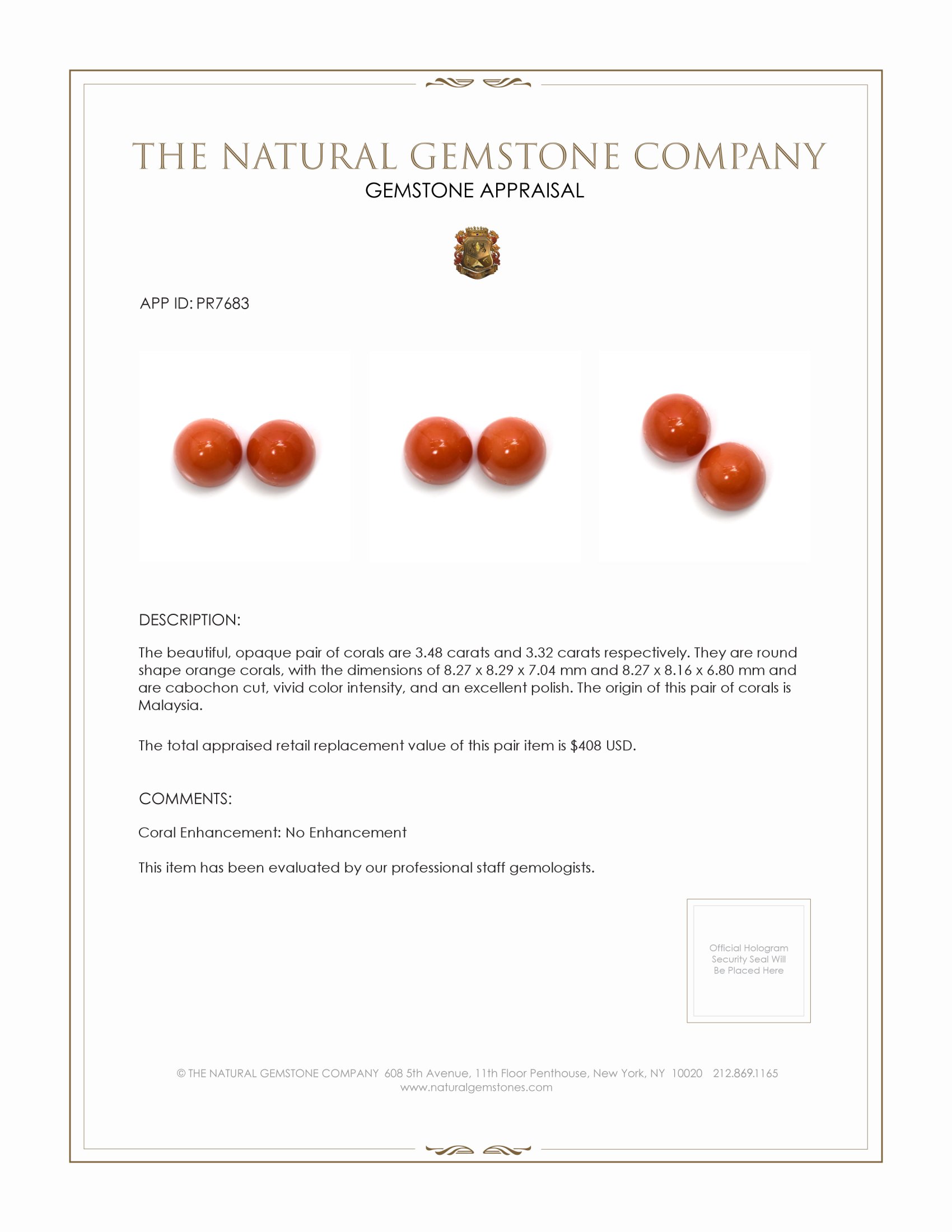 6.80 Ct.Tw. Cabochon Coral Pair from Malaysia