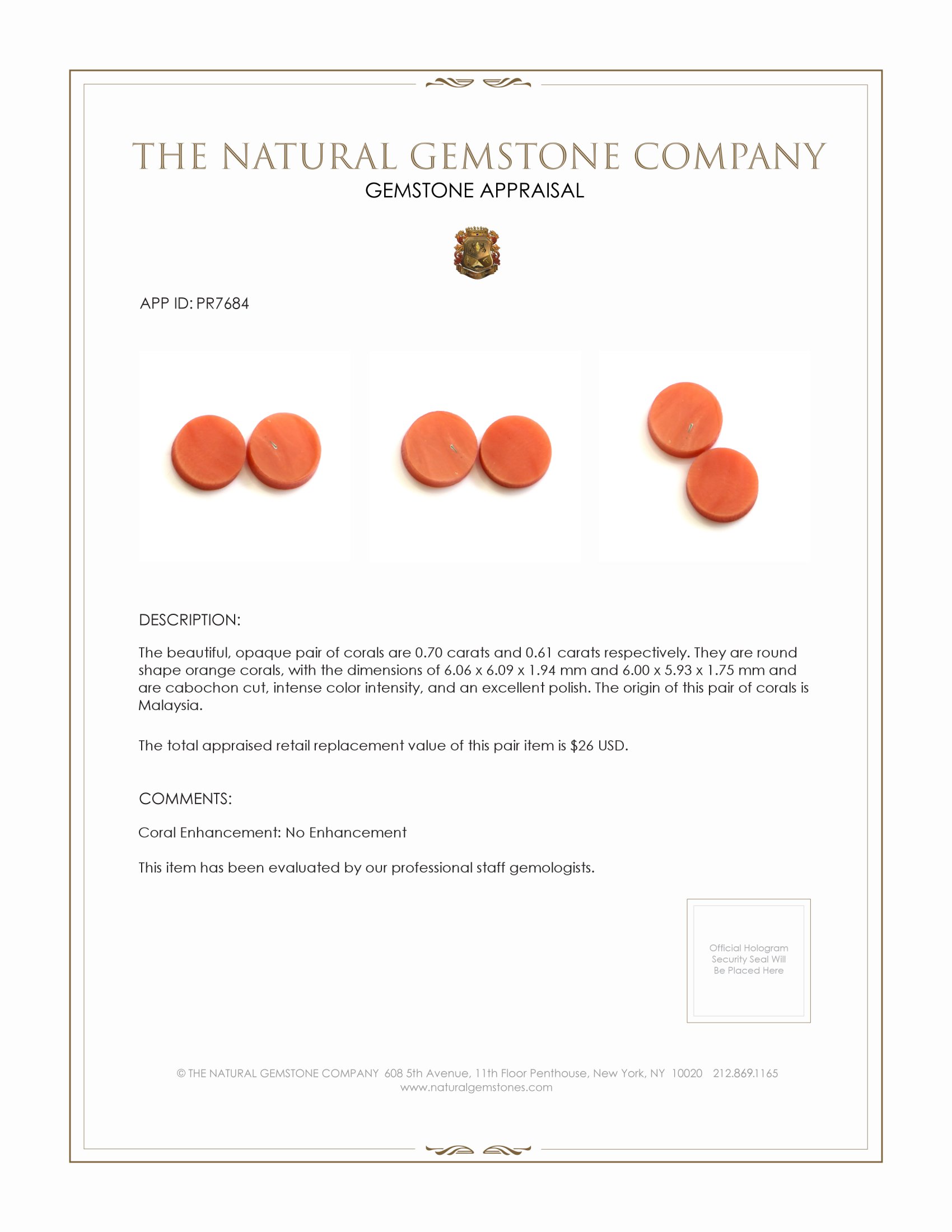 1.31 Ct.Tw. Orange Cabochon Coral Pair from Malaysia