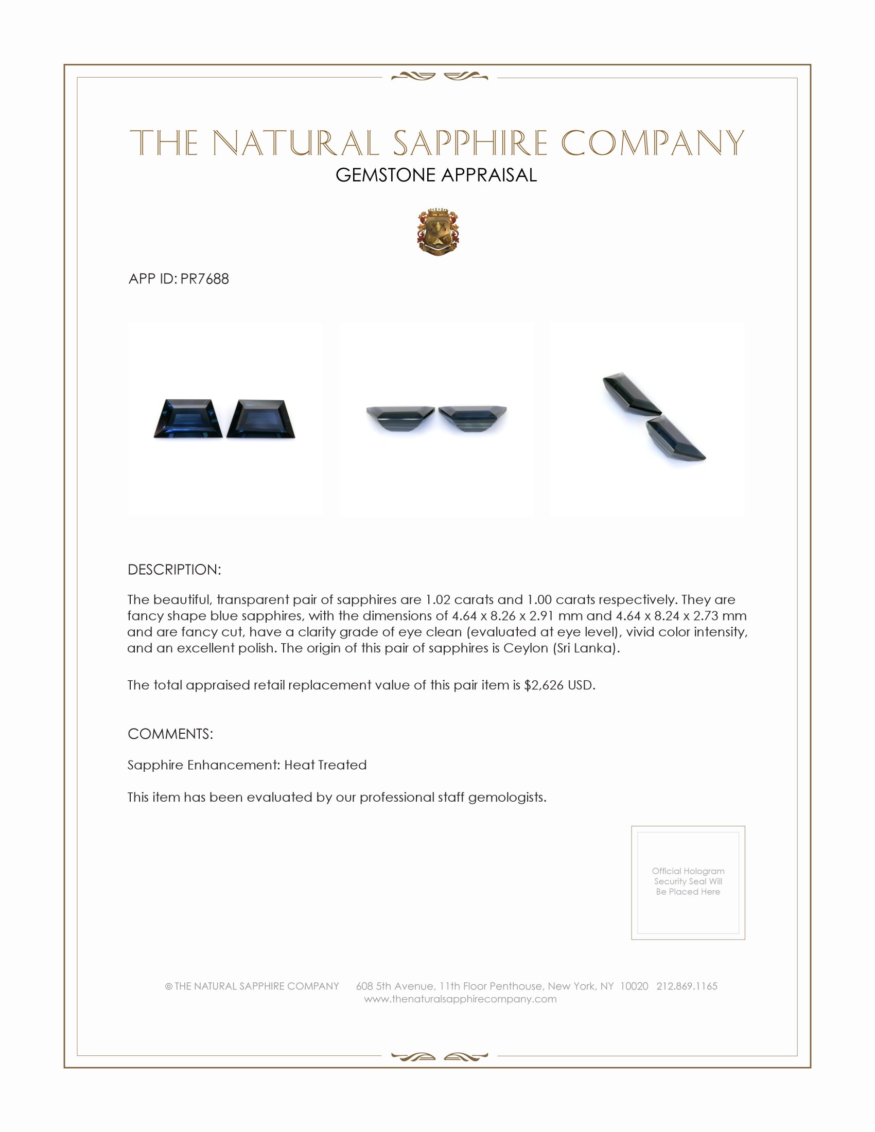 2.02 Ct.Tw. Blue Sapphire Pair from Ceylon (Sri Lanka)