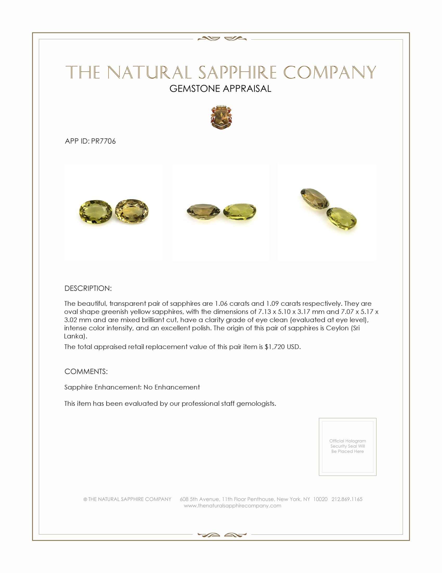 2.15 Ct.Tw. Greenish Yellow Sapphire Pair from Ceylon (Sri Lanka)