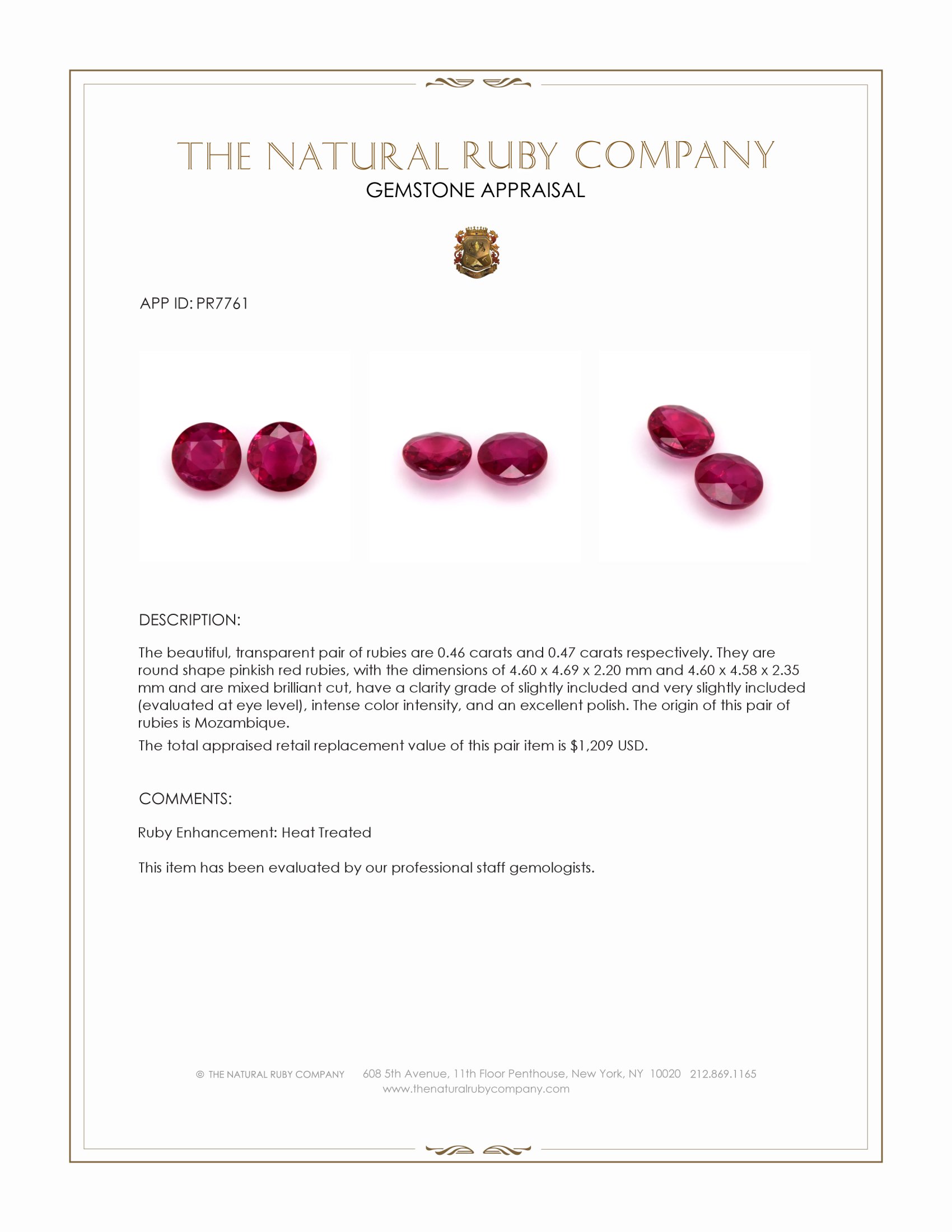 0.93 Ct.Tw. Pinkish Red Ruby Pair from Mozambique