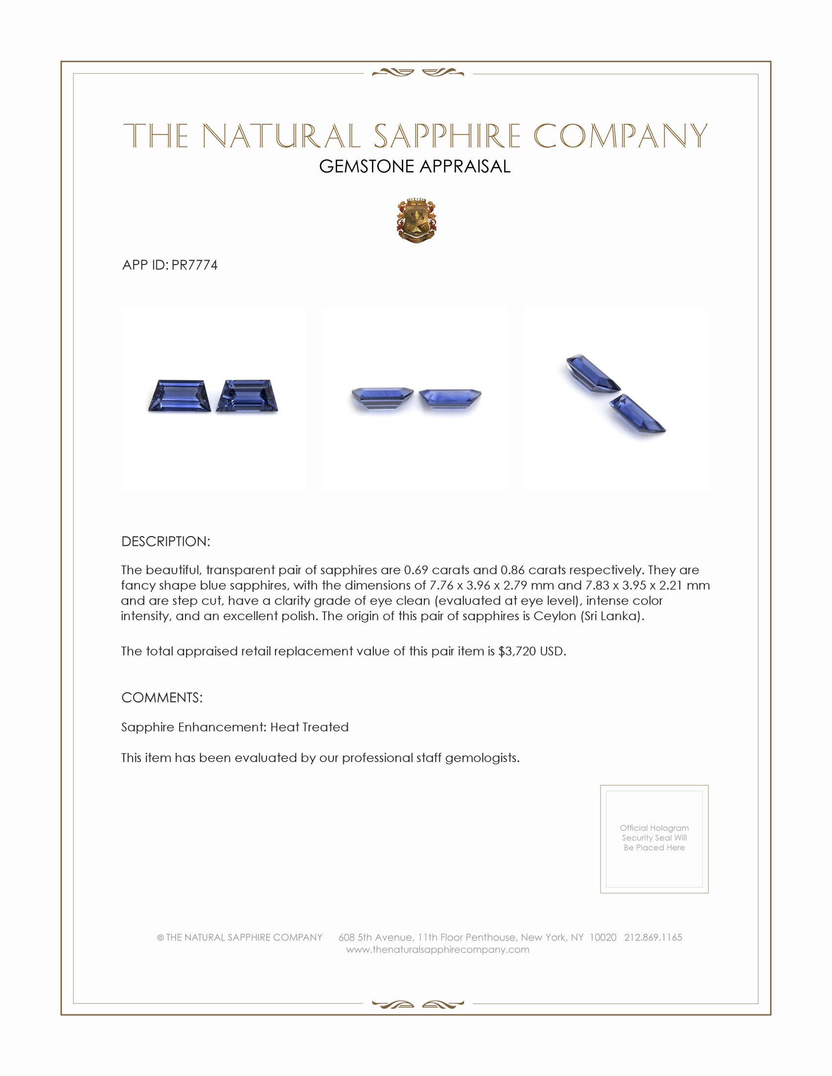 1.55 Ct.Tw. Blue Sapphire Pair from Ceylon (Sri Lanka)