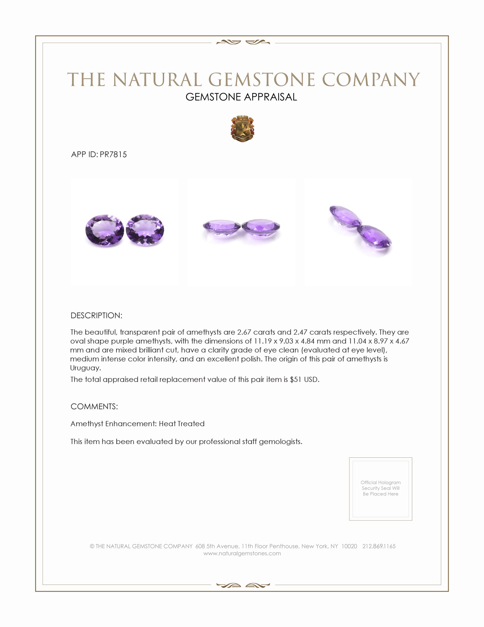 5.14 Ct.Tw. Amethyst Pair from Uruguay