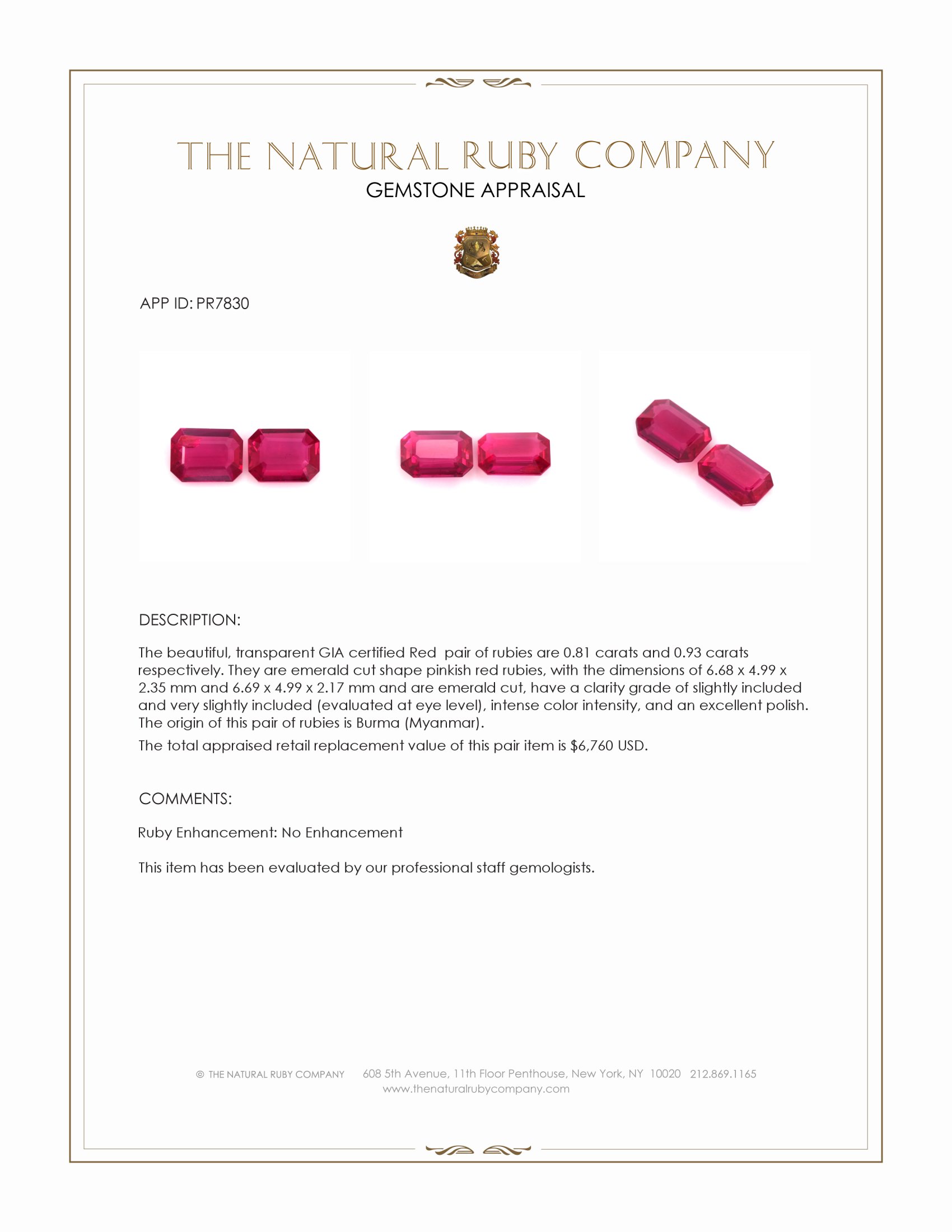 1.74 Ct.Tw. Pinkish Red Ruby Pair from Burma (Myanmar)