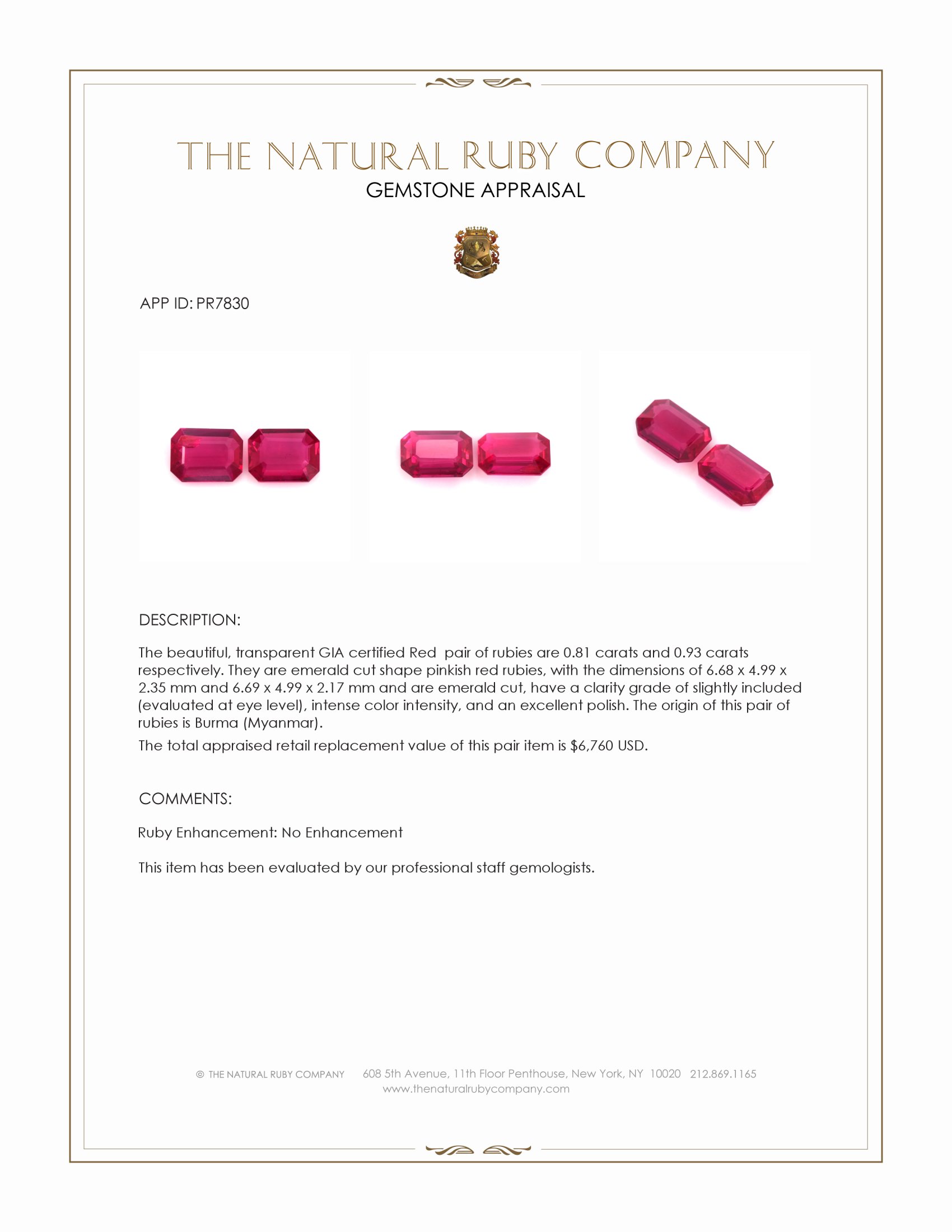 1.74 Ct.Tw. Ruby Pair from Burma (Myanmar)