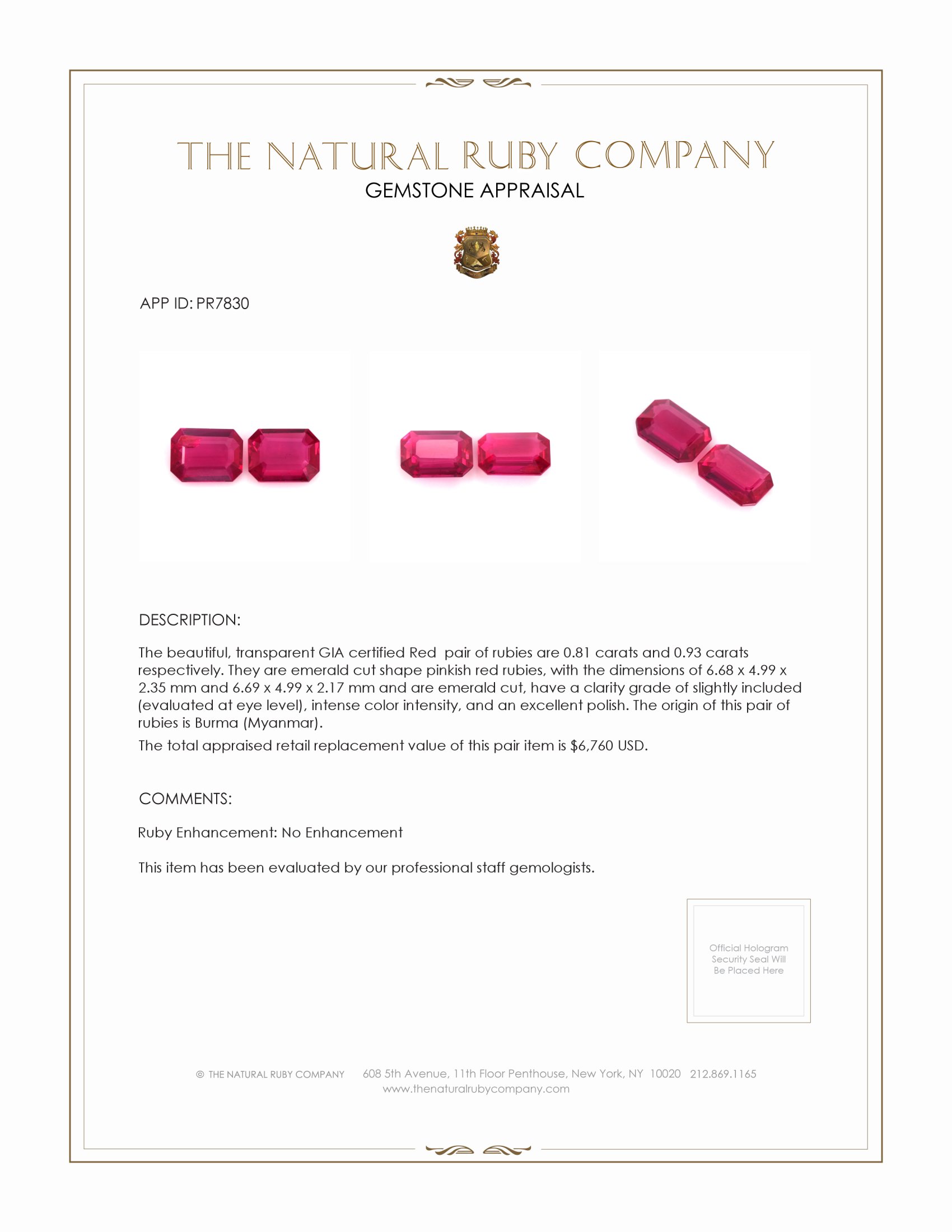 1.74 Ct.Tw. Ruby Pair from Burma (Myanmar)