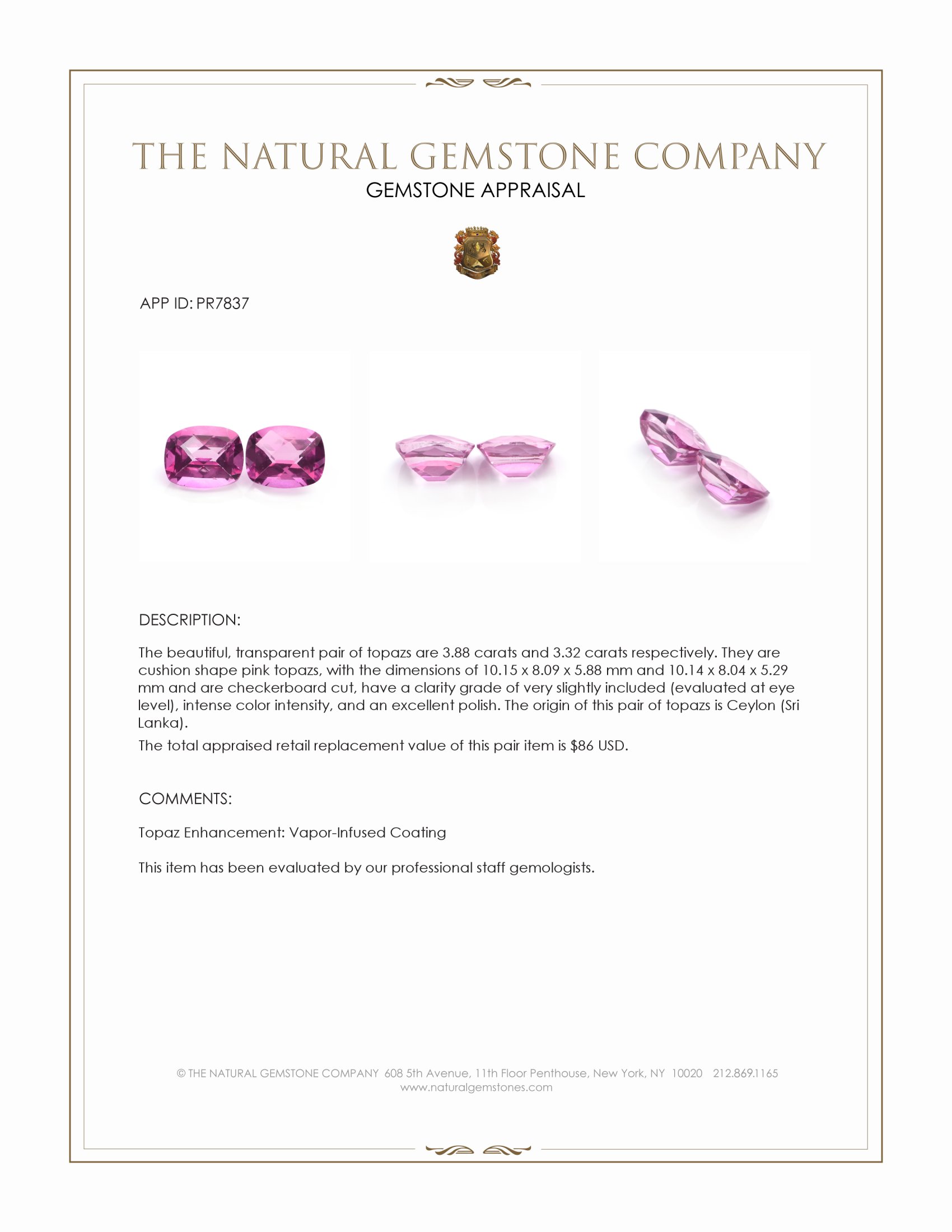 7.20 Ct.Tw. Pink Topaz Pair from Ceylon (Sri Lanka)