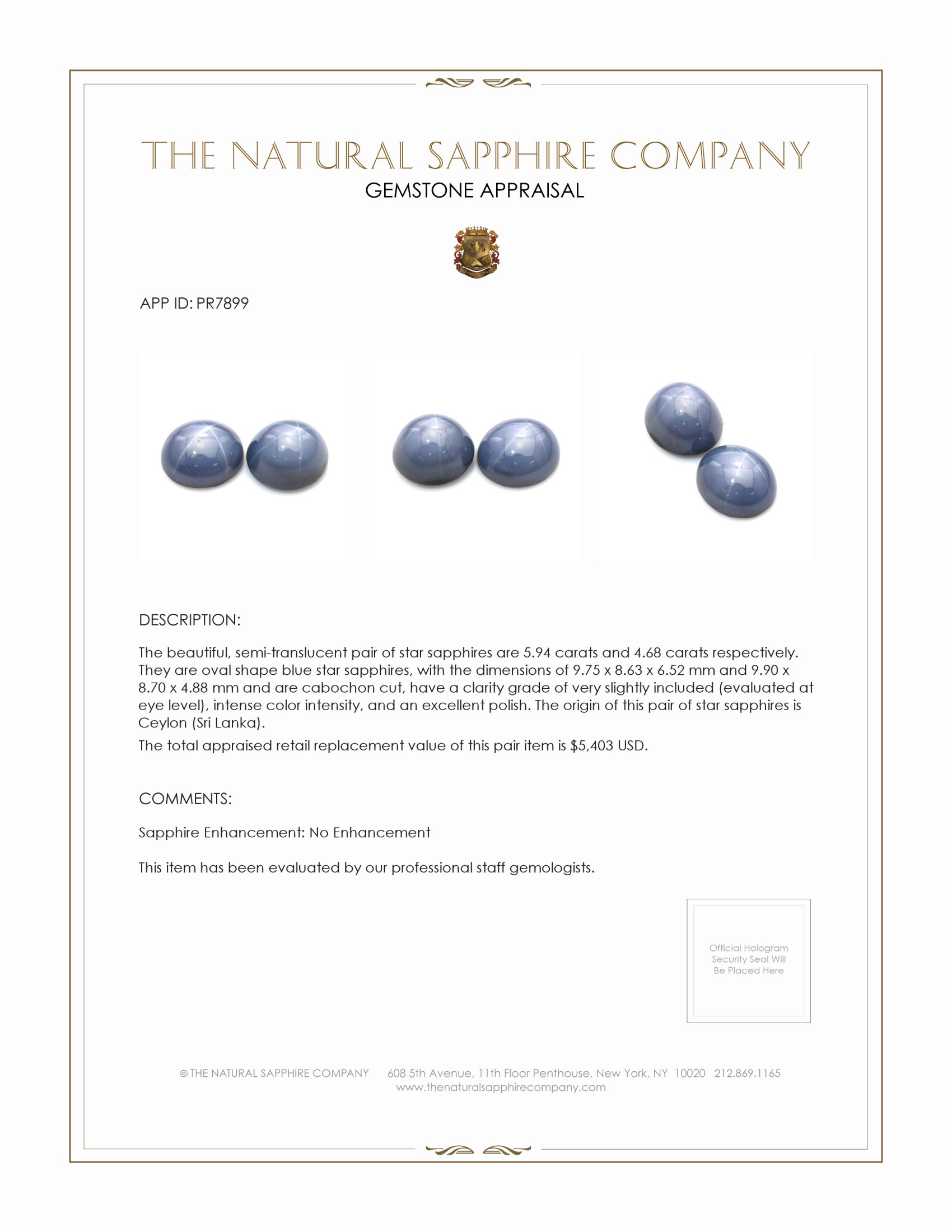 10.62 Ct.Tw. Blue Star Sapphire Pair from Ceylon (Sri Lanka)