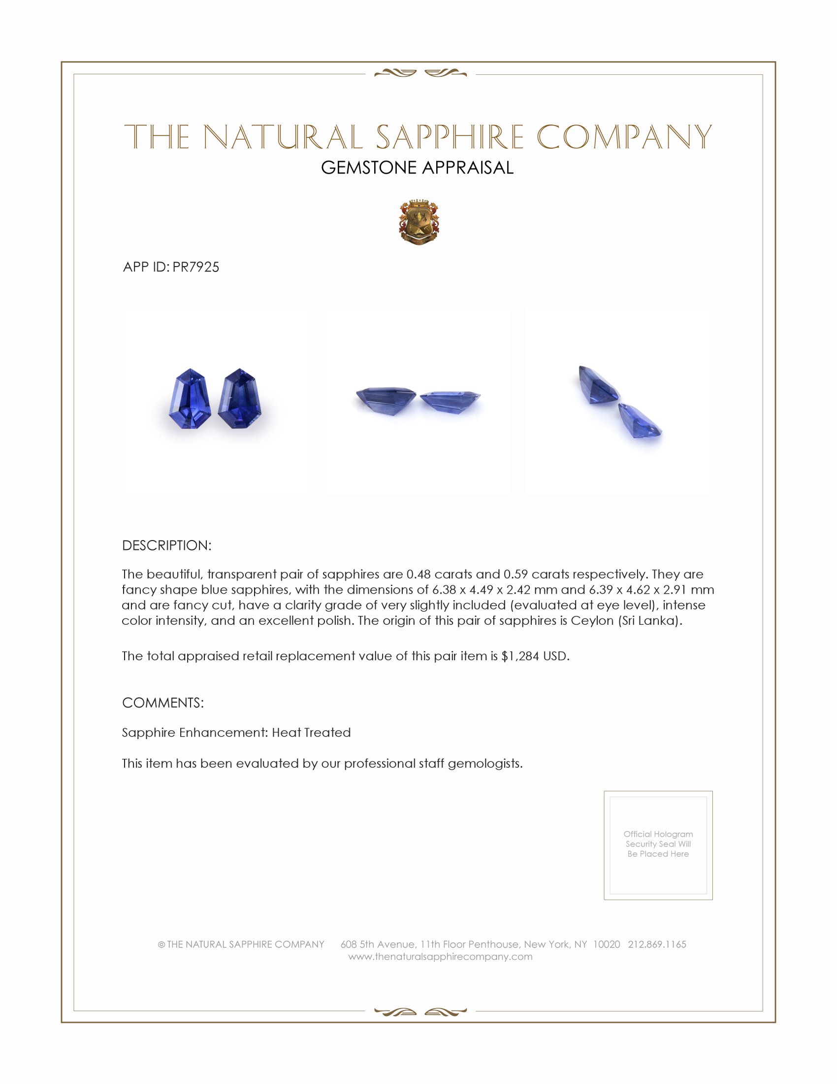 1.07 Ct.Tw. Blue Sapphire Pair from Ceylon (Sri Lanka)