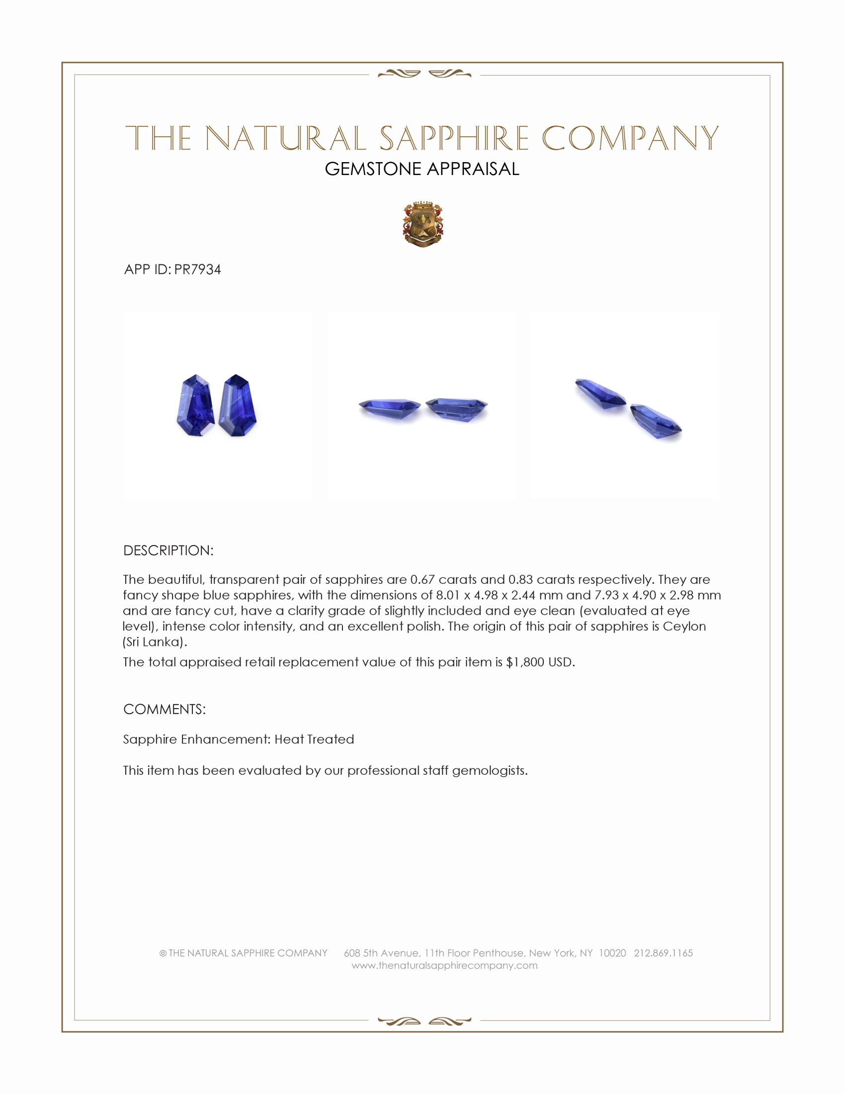 1.50 Ct.Tw. Blue Sapphire Pair from Ceylon (Sri Lanka)
