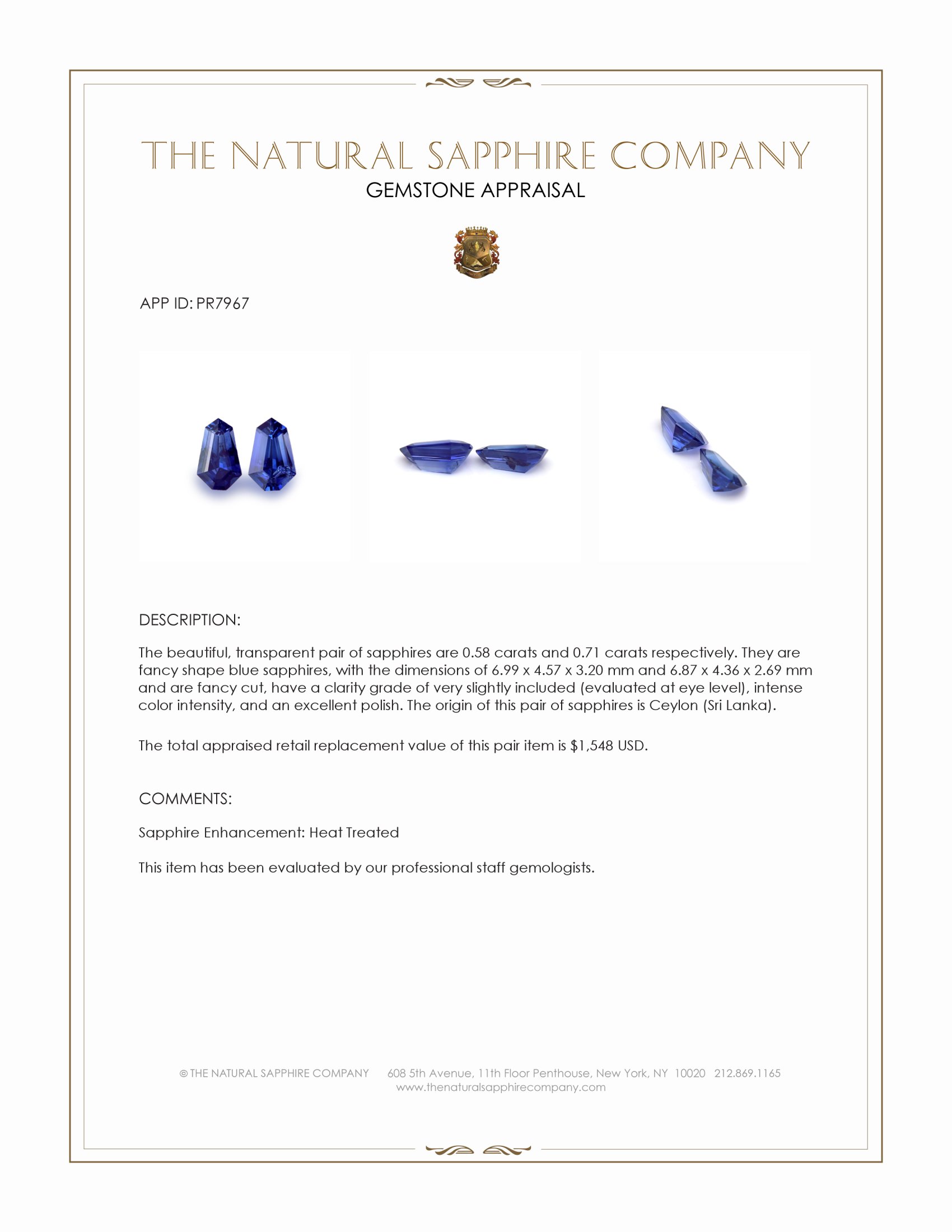1.29 Ct.Tw. Blue Sapphire Pair from Ceylon (Sri Lanka)