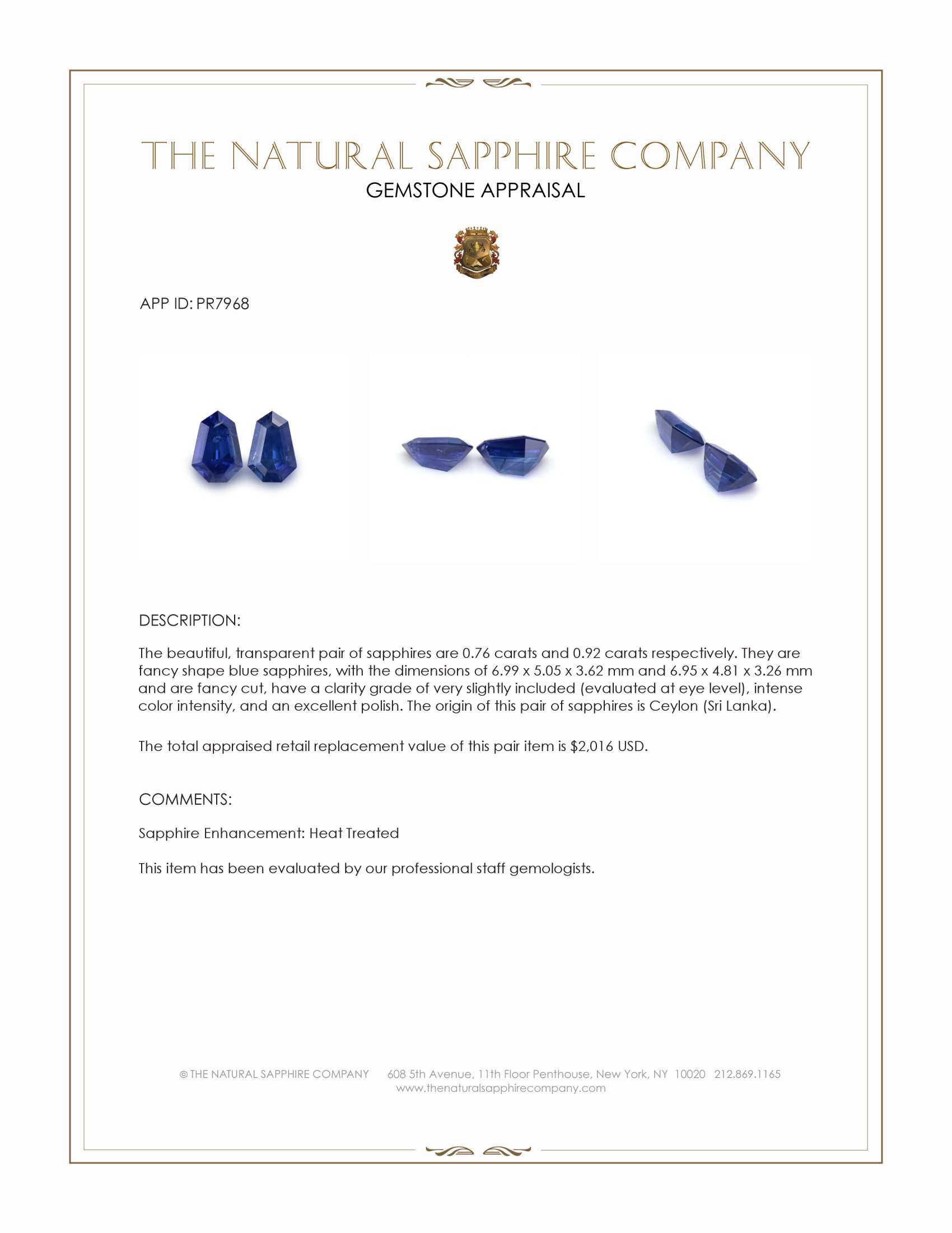 1.68 Ct.Tw. Blue Sapphire Pair from Ceylon (Sri Lanka)
