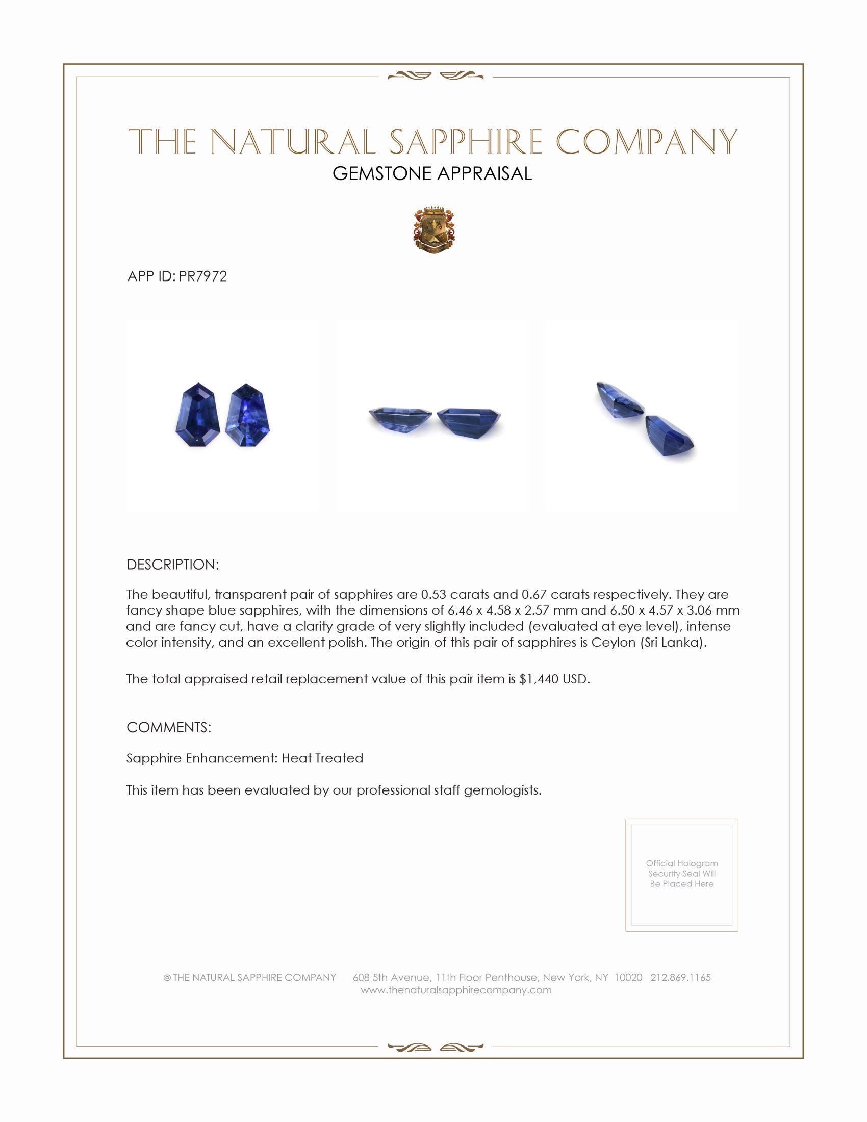 1.20 Ct.Tw. Blue Sapphire Pair from Ceylon (Sri Lanka)