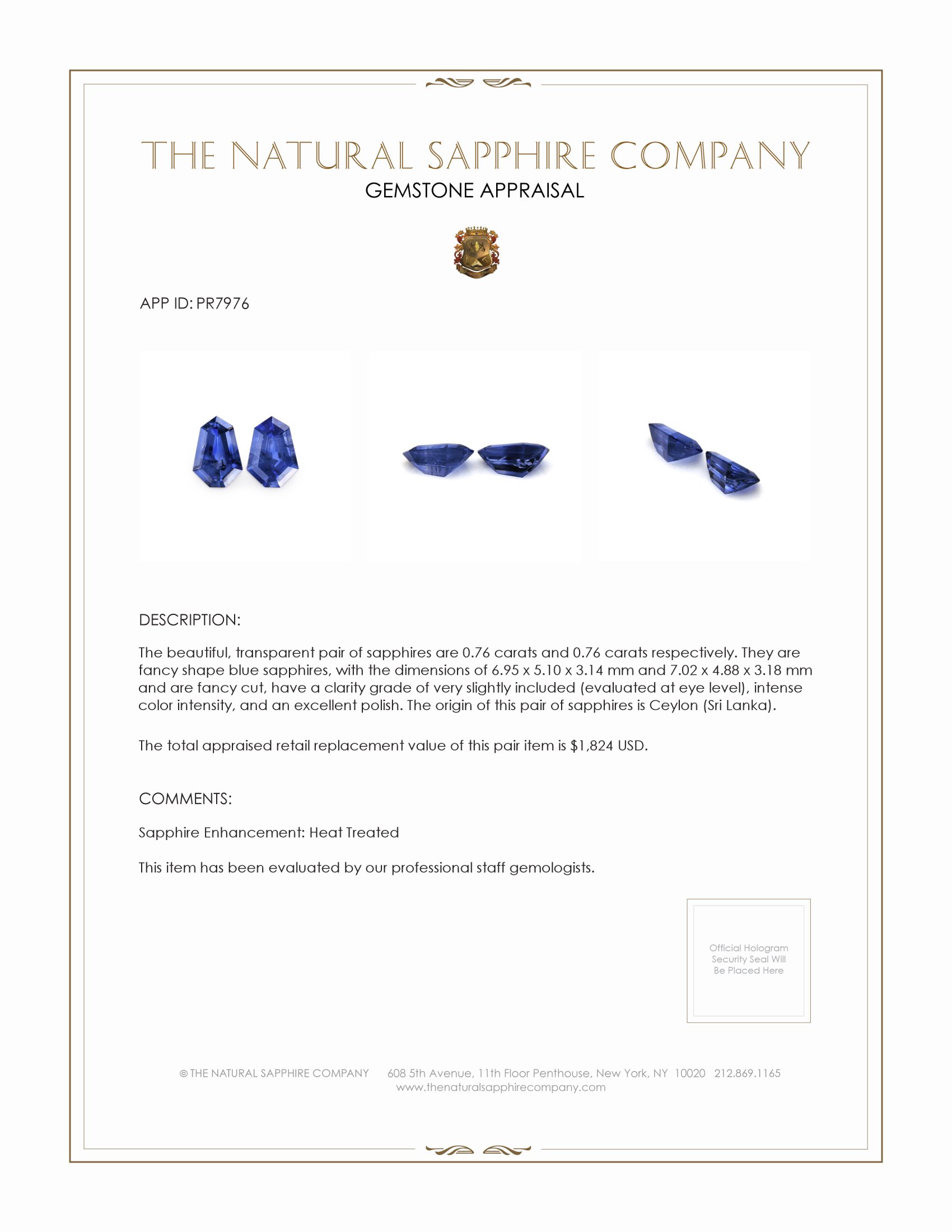 1.52 Ct.Tw. Blue Sapphire Pair from Ceylon (Sri Lanka)