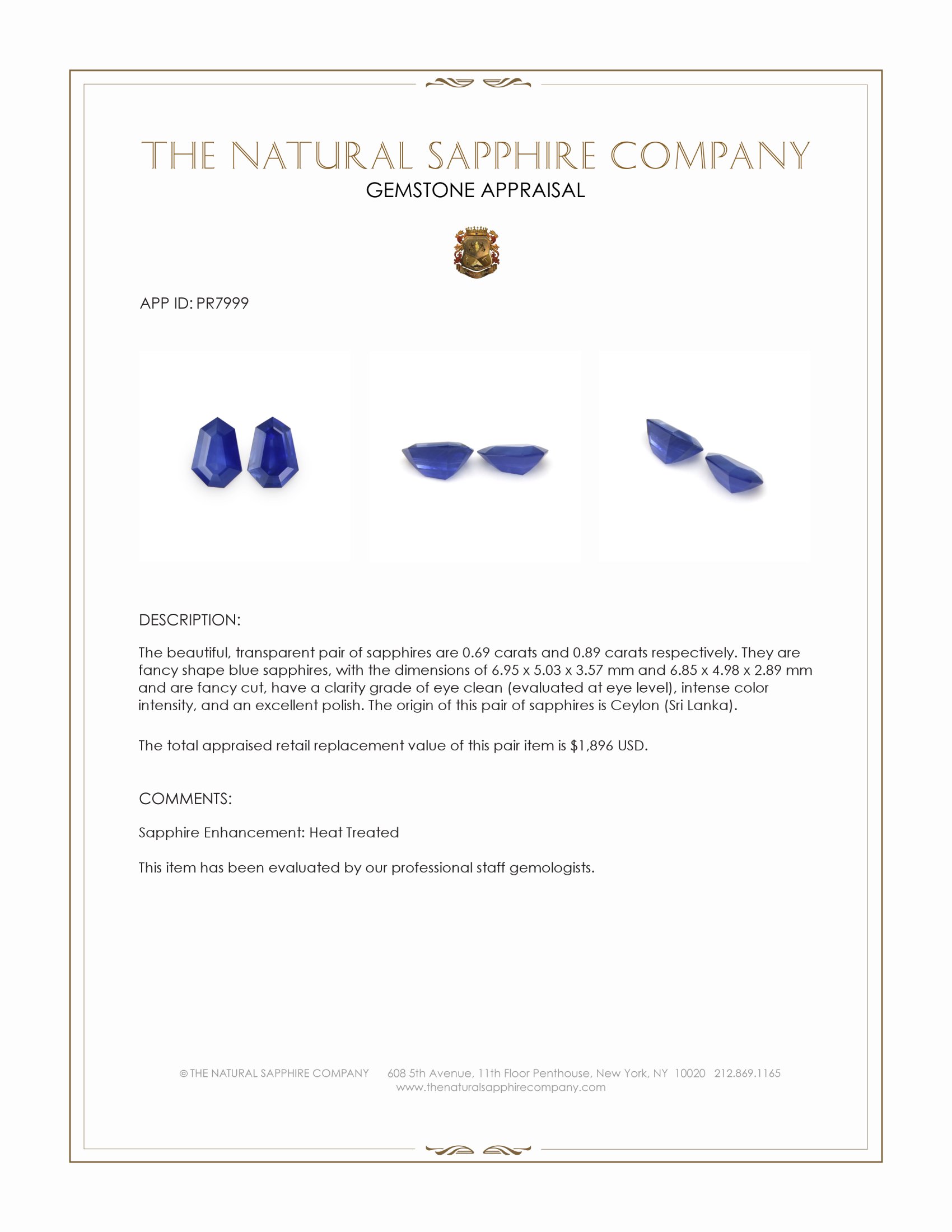 1.58 Ct.Tw. Blue Sapphire Pair from Ceylon (Sri Lanka)