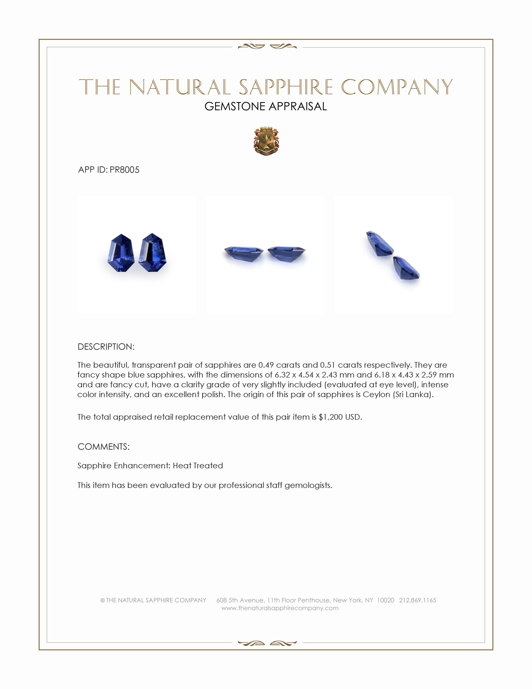 1.00 Ct.Tw. Blue Sapphire Pair from Ceylon (Sri Lanka)