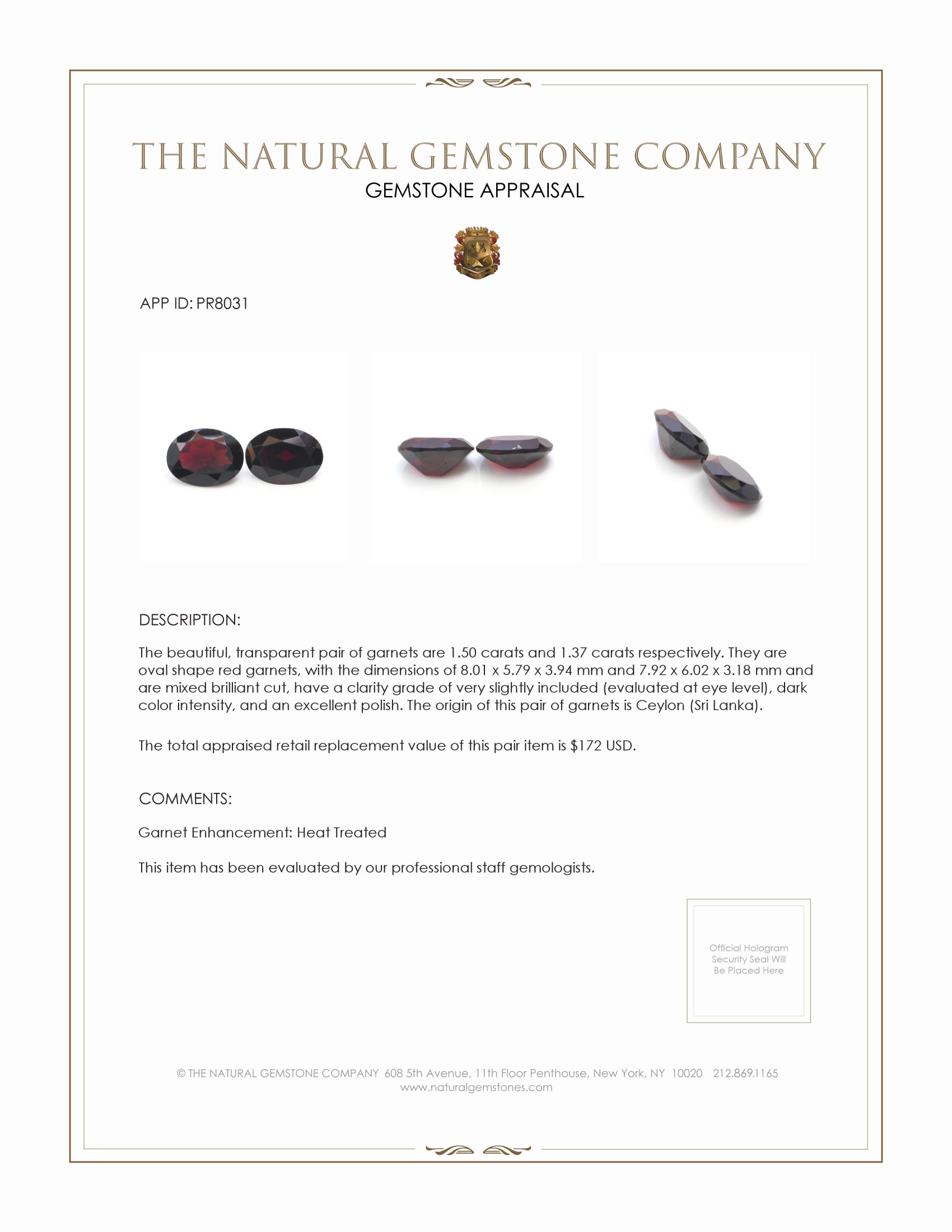 2.87 Ct.Tw. Red Garnet Pair from Ceylon (Sri Lanka)