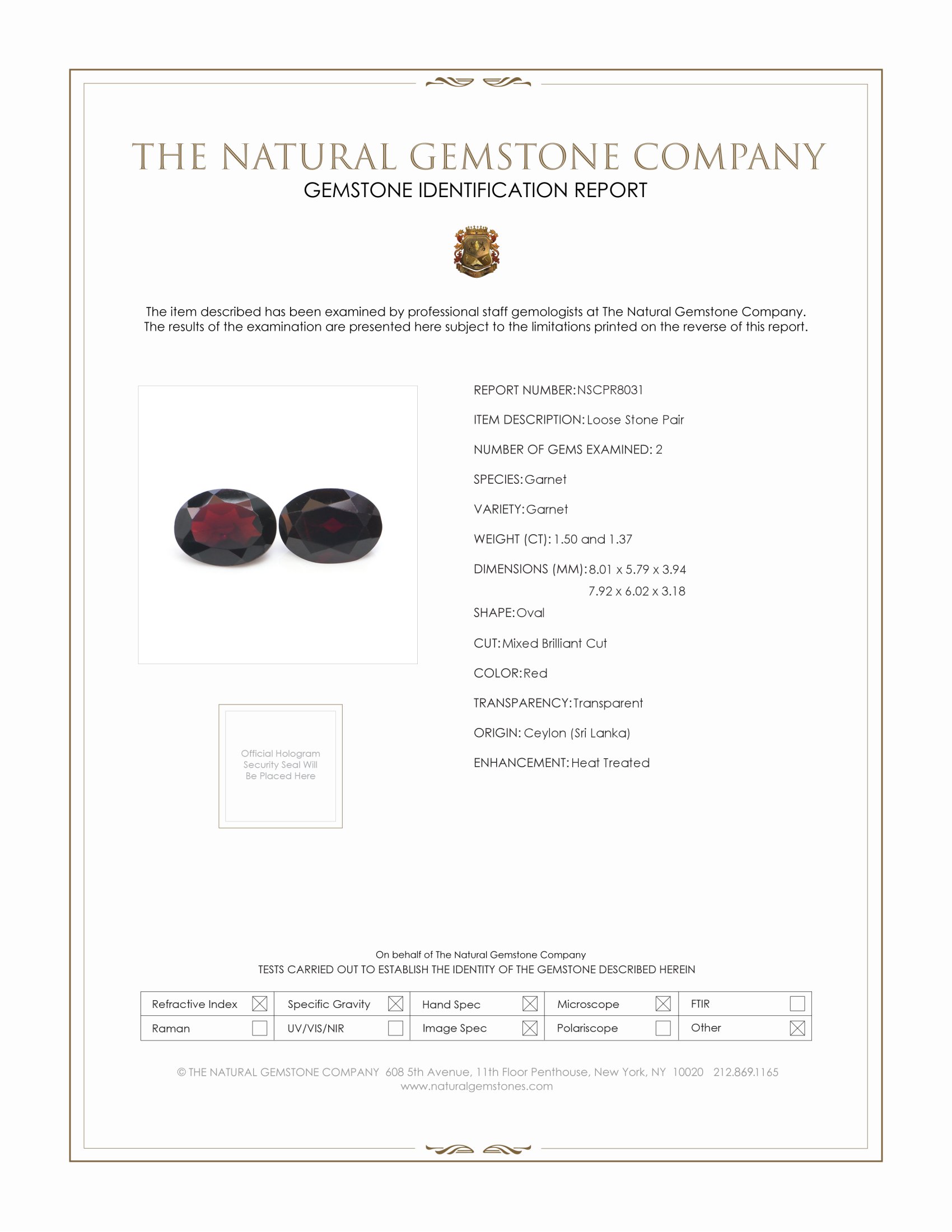 2.87 Ct.Tw. Red Garnet Pair from Ceylon (Sri Lanka)