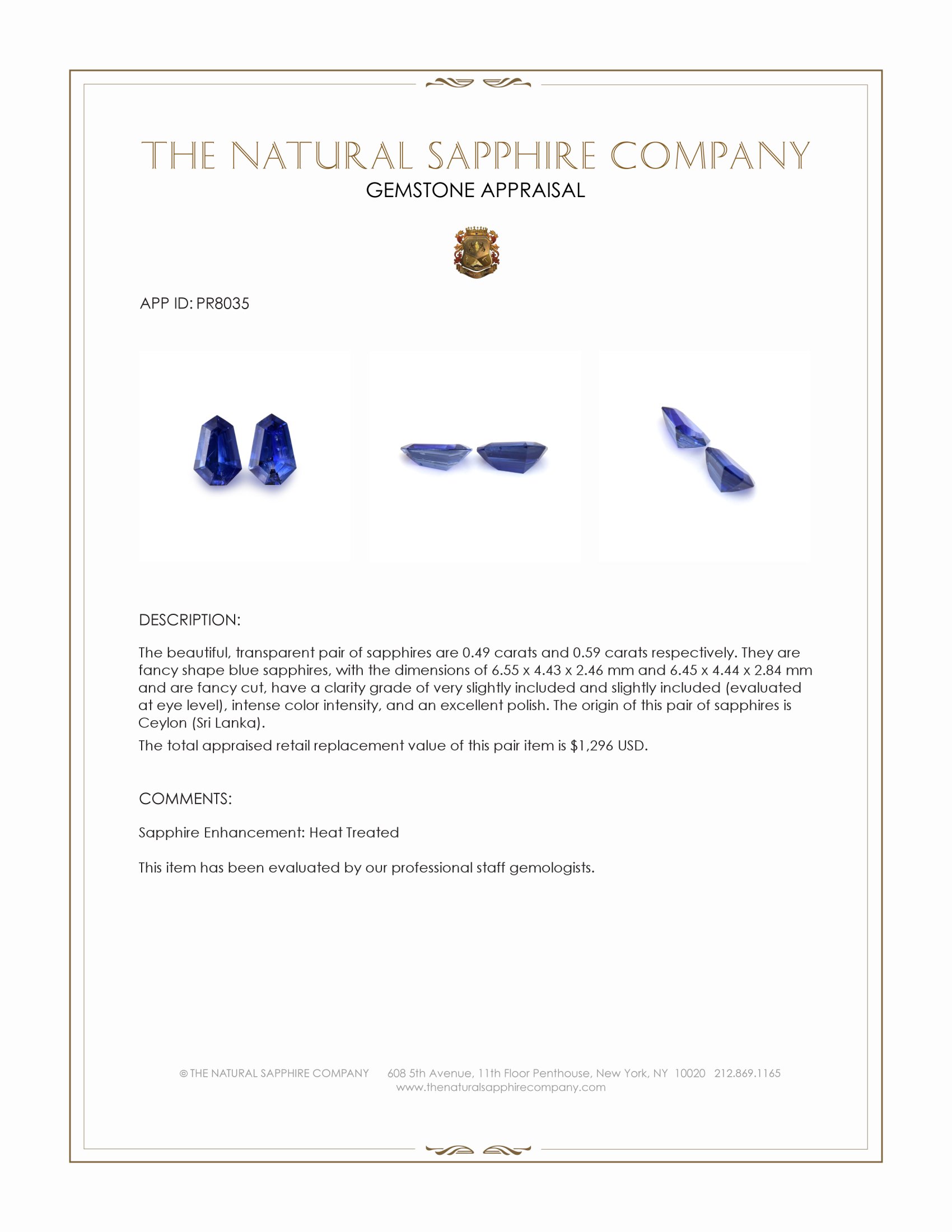 1.08 Ct.Tw. Blue Sapphire Pair from Ceylon (Sri Lanka)
