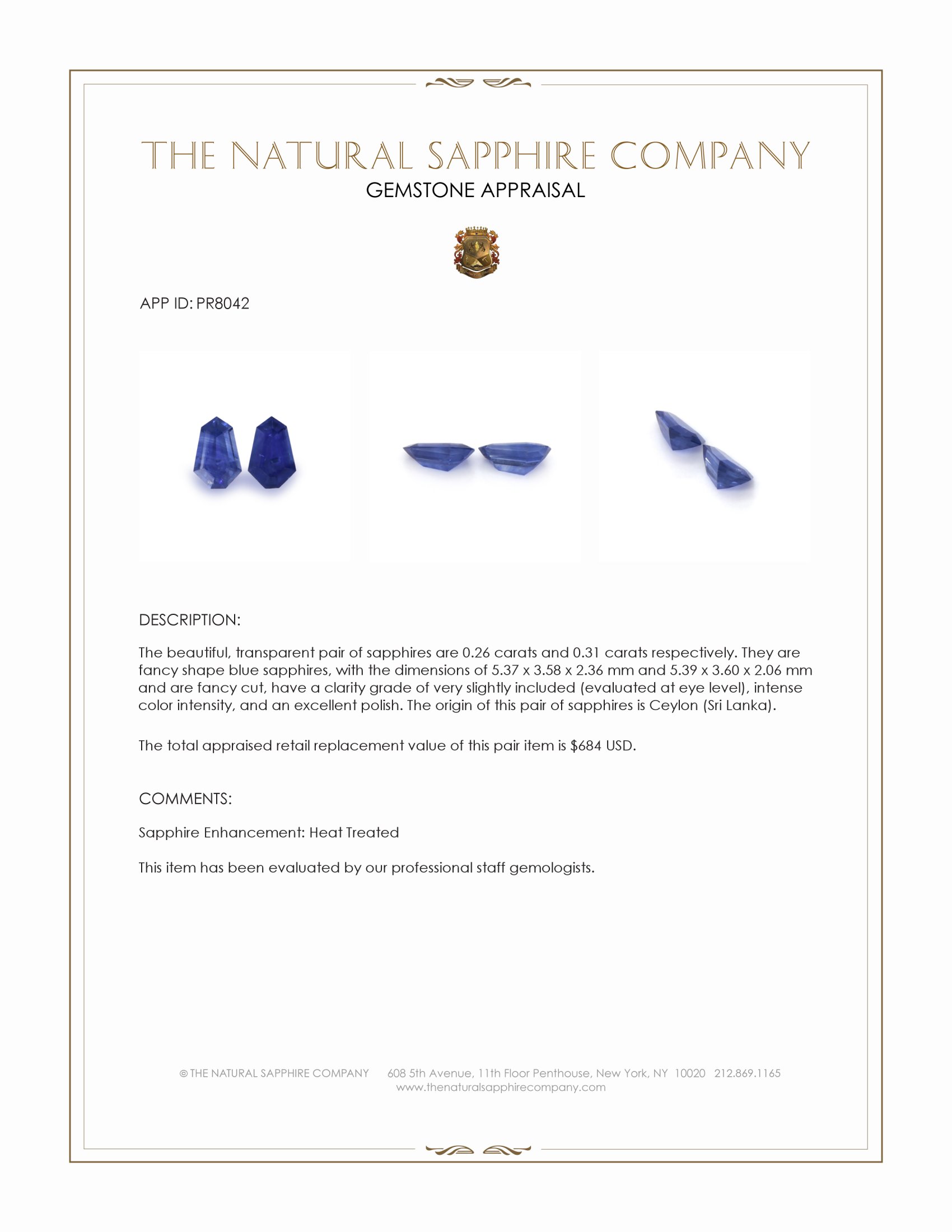 0.57 Ct.Tw. Blue Sapphire Pair from Ceylon (Sri Lanka)