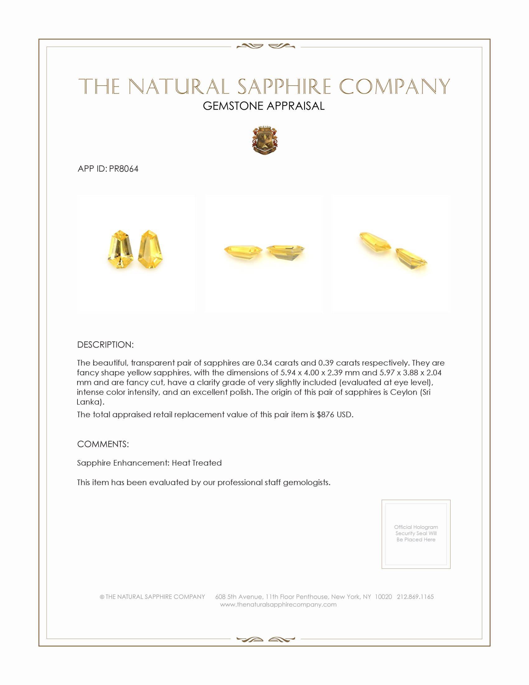 0.73 Ct.Tw. Yellow Sapphire Pair from Ceylon (Sri Lanka)