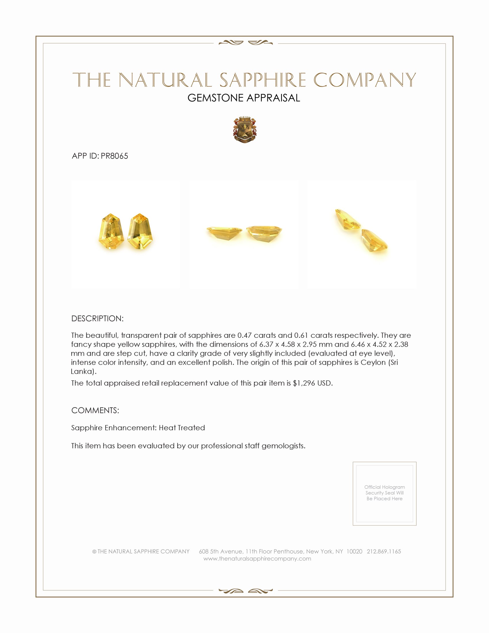 1.08 Ct.Tw. Yellow Sapphire Pair from Ceylon (Sri Lanka)