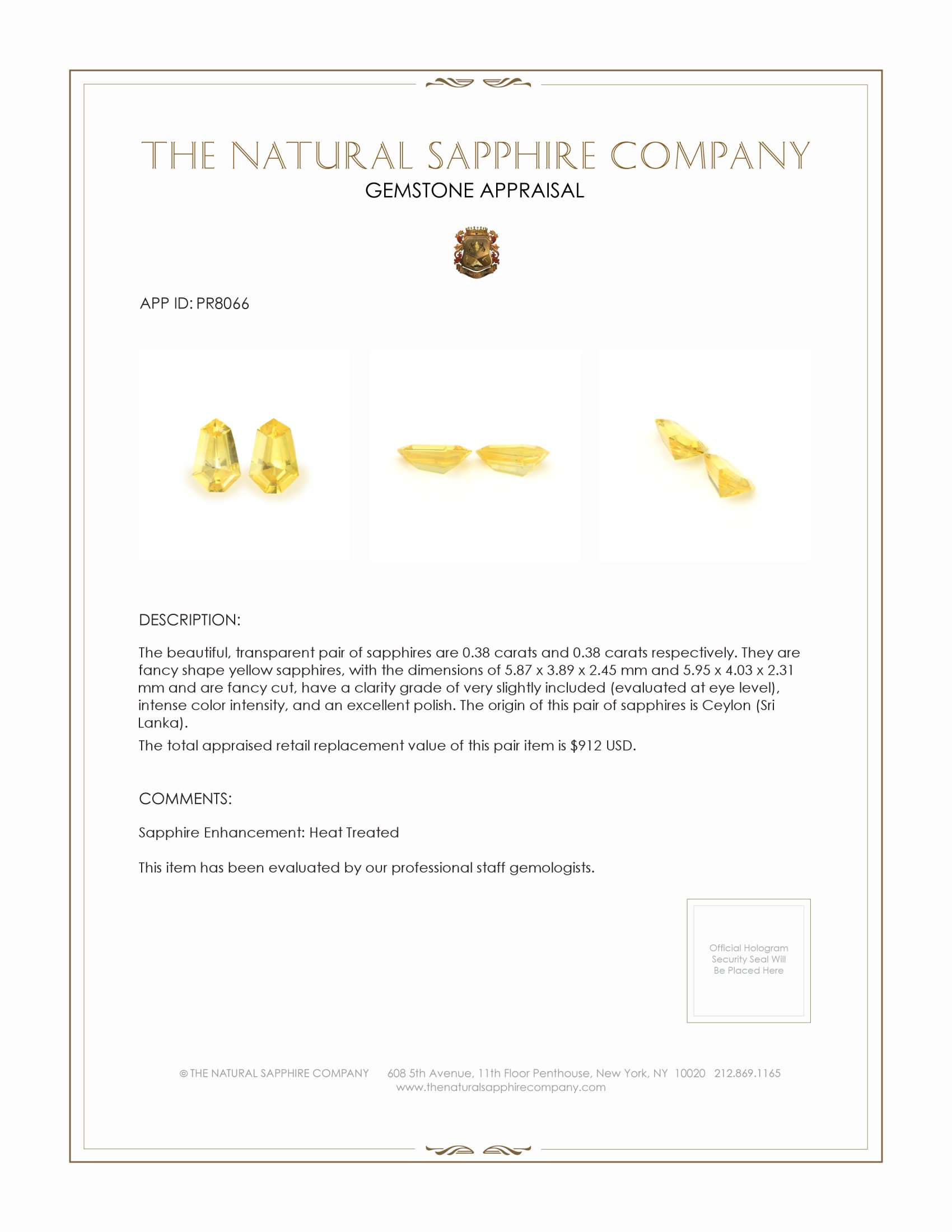 0.76 Ct.Tw. Yellow Sapphire Pair from Ceylon (Sri Lanka)