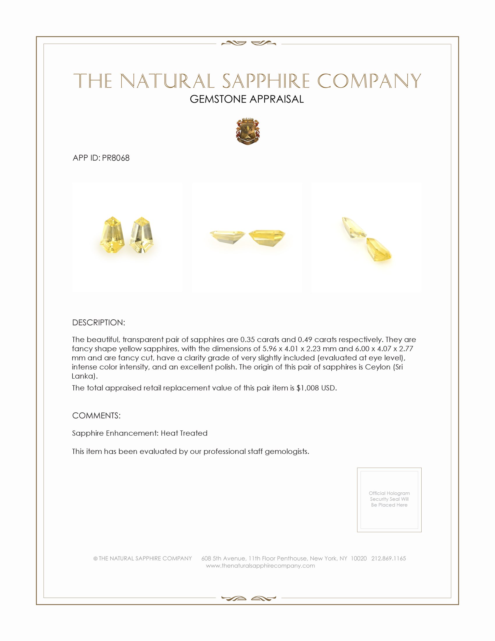 0.84 Ct.Tw. Yellow Sapphire Pair from Ceylon (Sri Lanka)