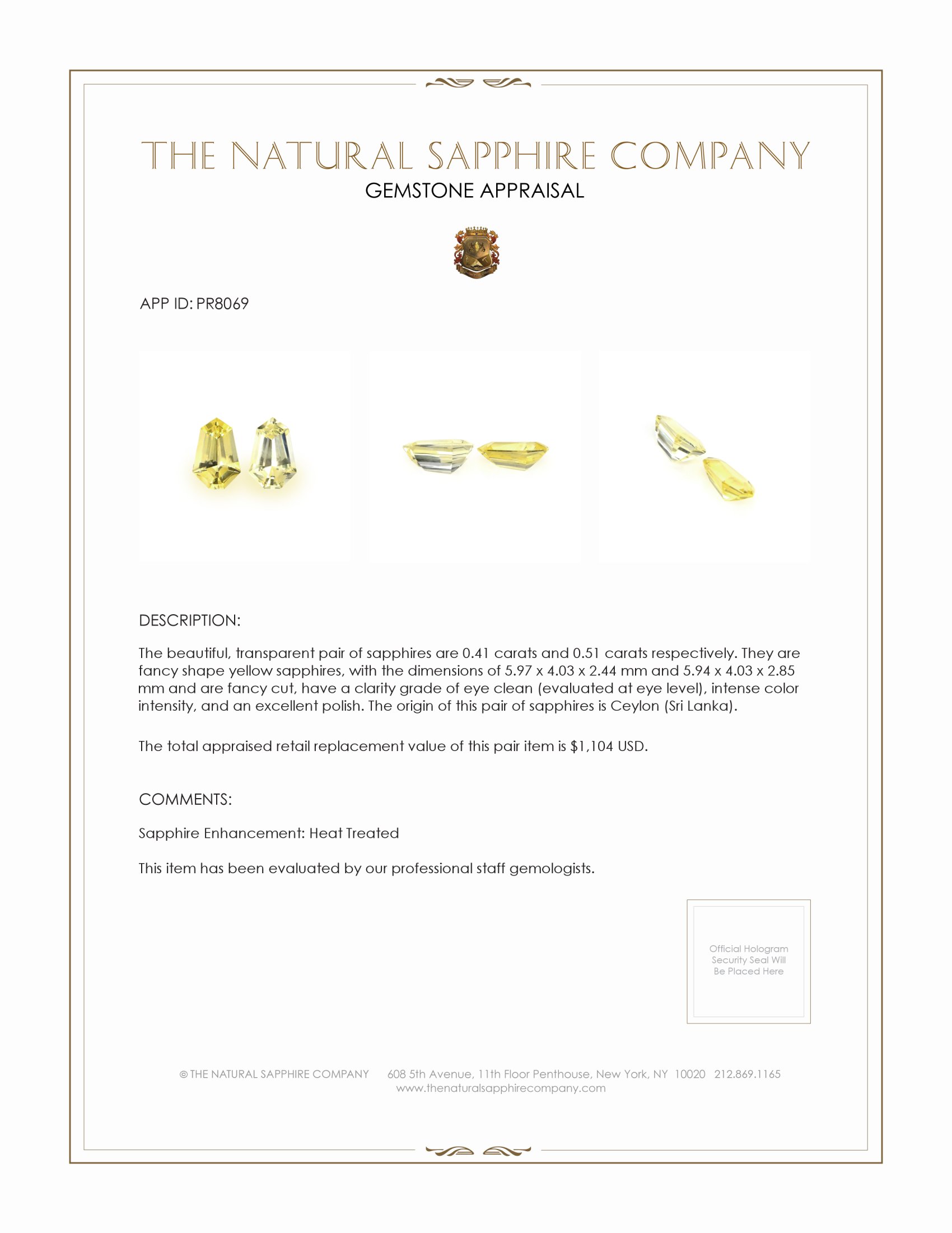 0.92 Ct.Tw. Yellow Sapphire Pair from Ceylon (Sri Lanka)